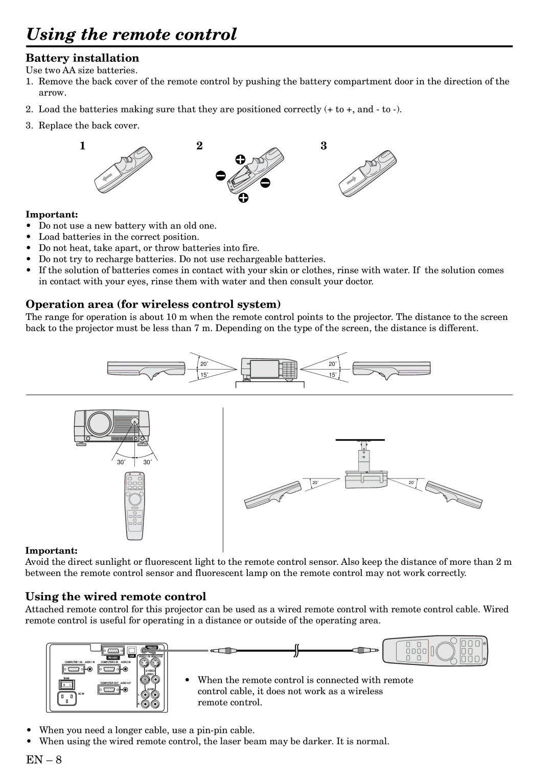 Mitsubishi Electronics S250 Using the remote control, Battery installation, Operation area for wireless control system 