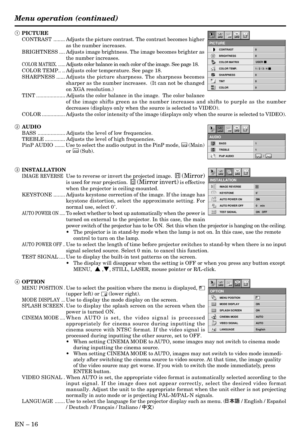 Mitsubishi Electronics S290U user manual Picture, Audio, Installation, Option 