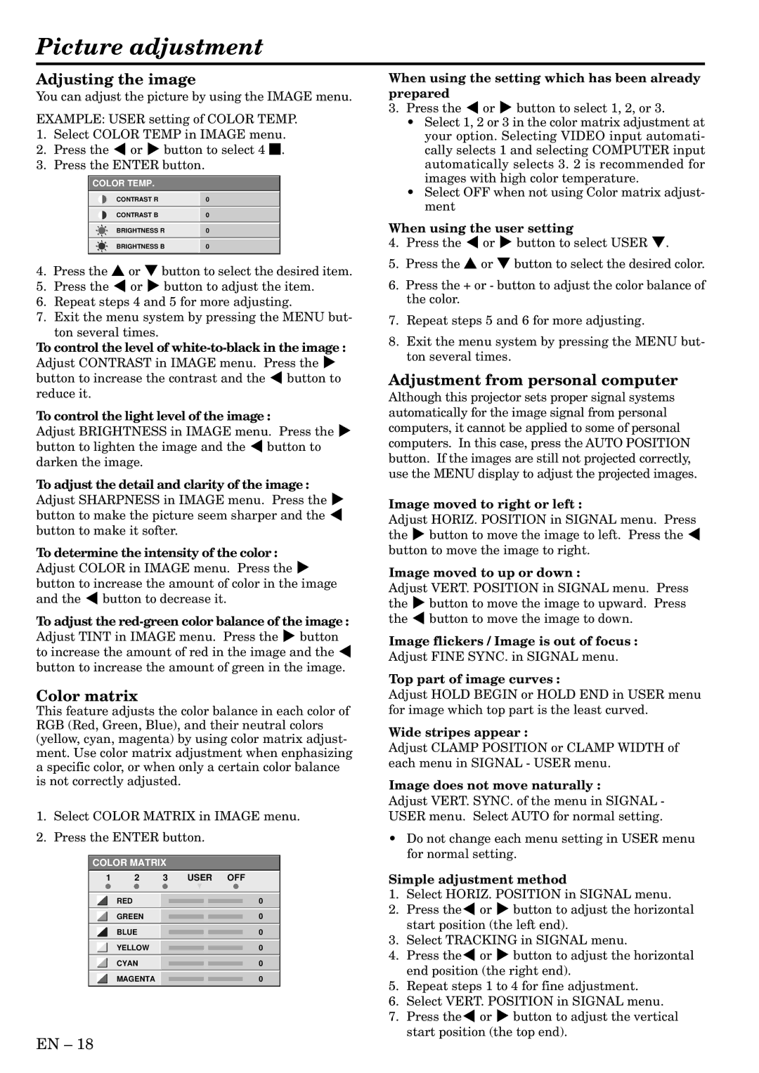 Mitsubishi Electronics S290U Picture adjustment, Adjusting the image, Color matrix, Adjustment from personal computer 