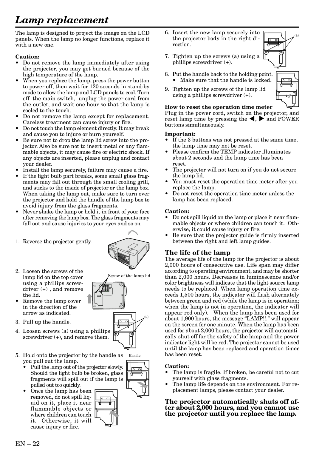 Mitsubishi Electronics S290U user manual Lamp replacement, Life of the lamp, How to reset the operation time meter 