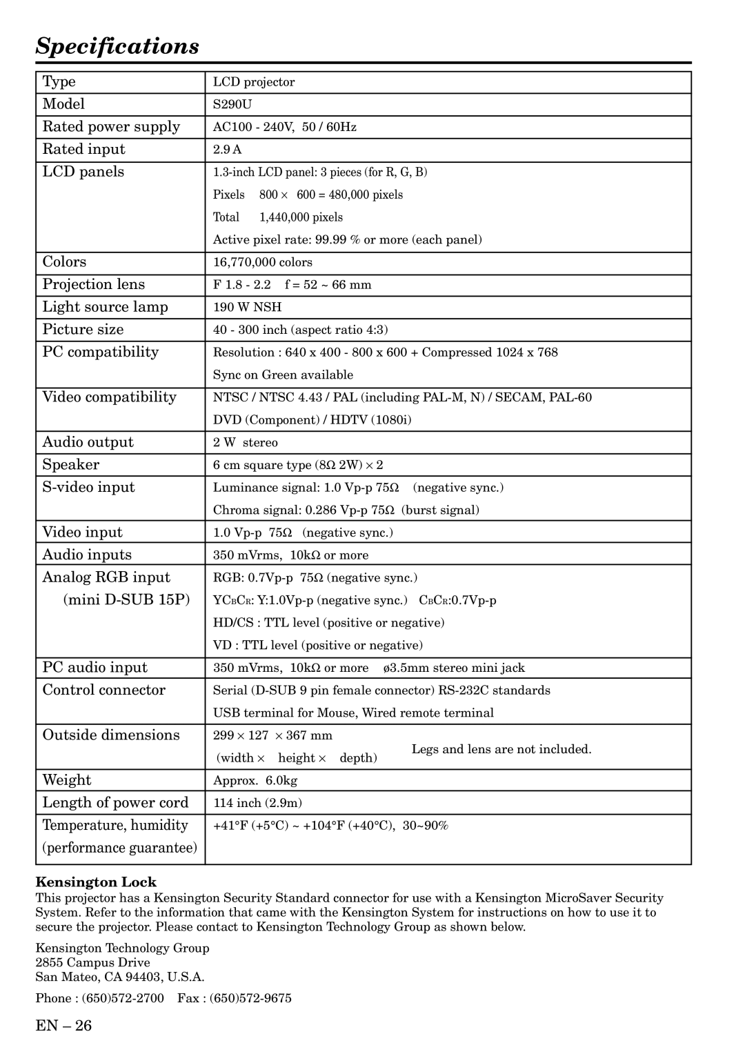 Mitsubishi Electronics S290U user manual Specifications, Rated input LCD panels 