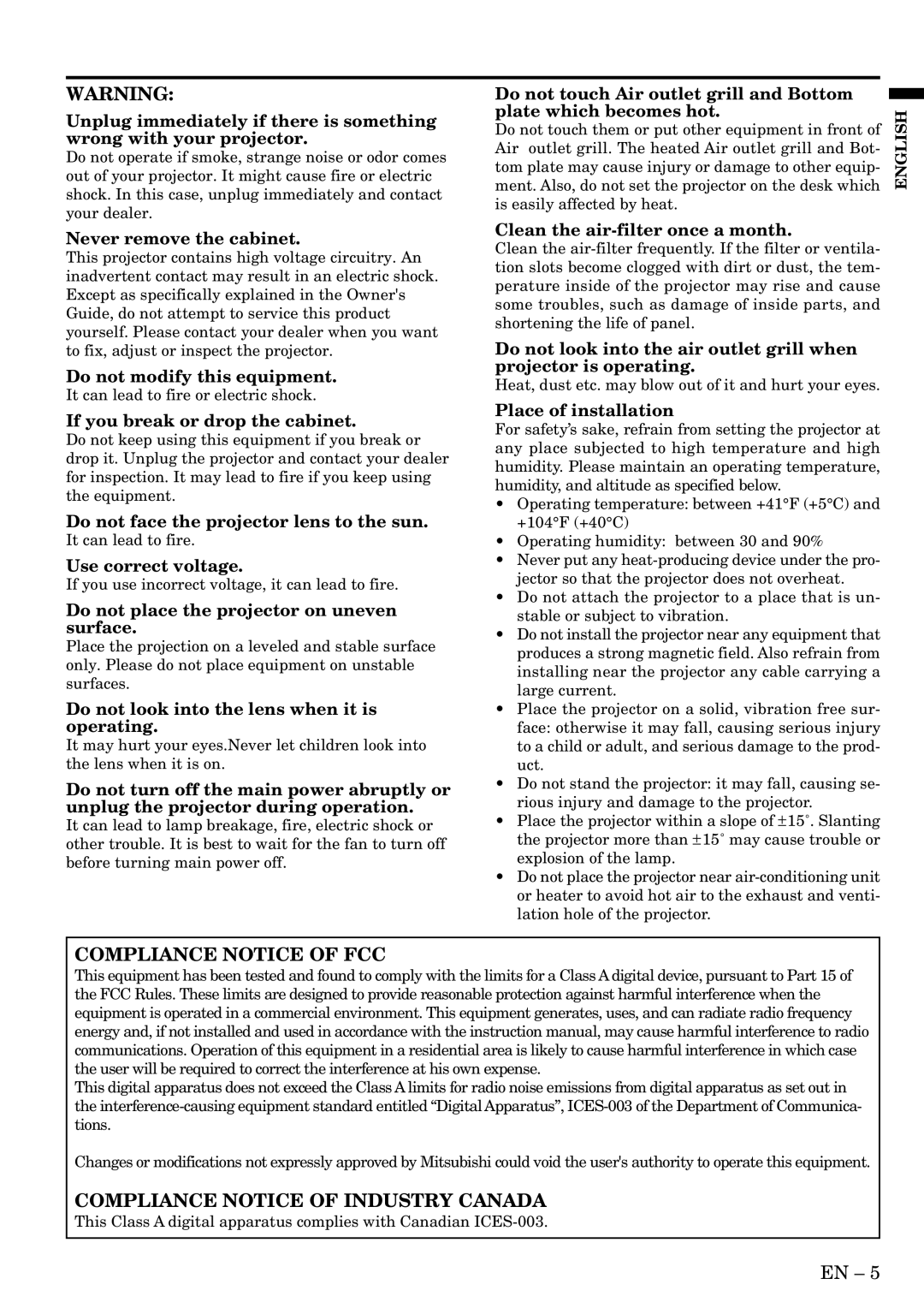 Mitsubishi Electronics S290U user manual Compliance Notice of Industry Canada 