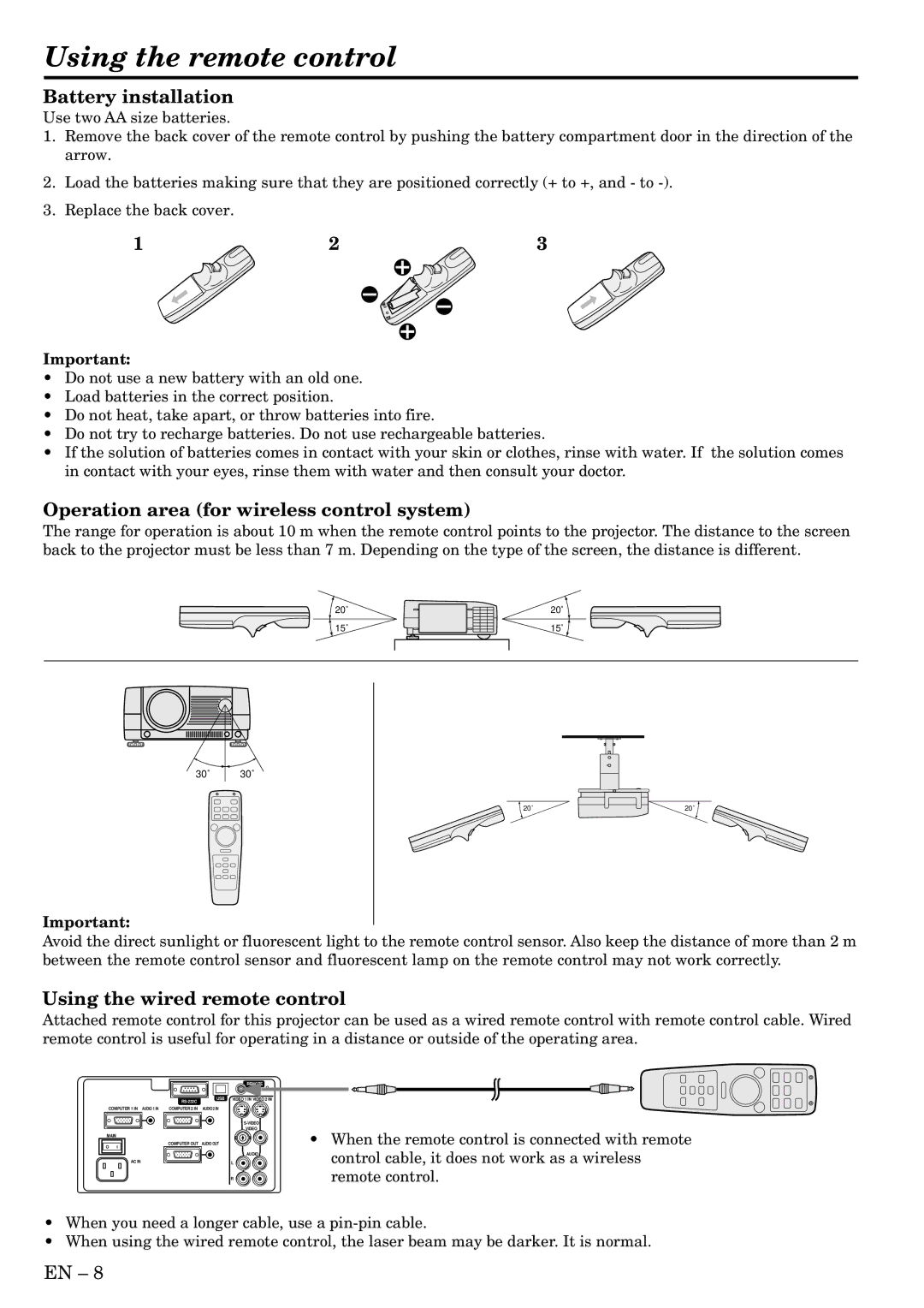 Mitsubishi Electronics S290U Using the remote control, Battery installation, Operation area for wireless control system 