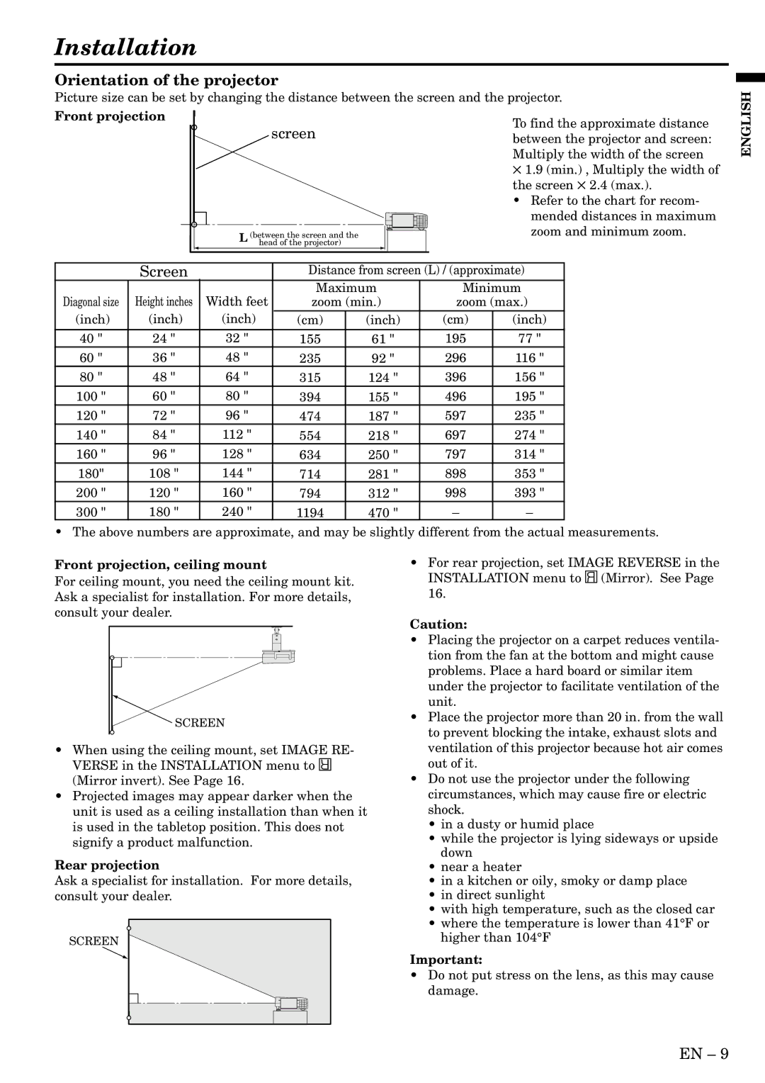 Mitsubishi Electronics S290U user manual Installation, Orientation of the projector, Front projection, ceiling mount 