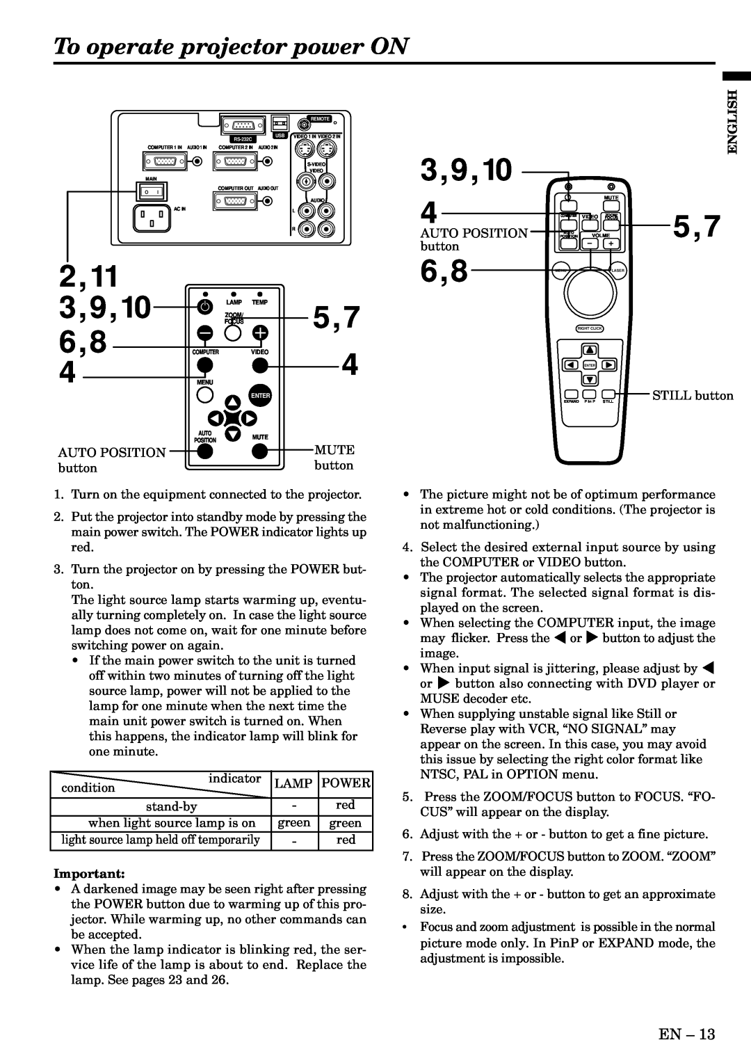 Mitsubishi Electronics S290U To operate projector power ON, 9,10, Enter, Remote, RS-232C, COMPUTER 1 IN AUDIO 1 IN, Video 