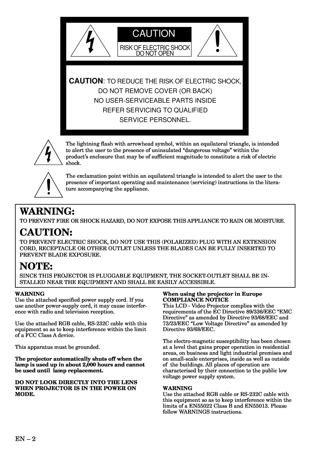 Mitsubishi Electronics S290U user manual Risk Of Electric Shock Do Not Open, Caution To Reduce The Risk Of Electric Shock 