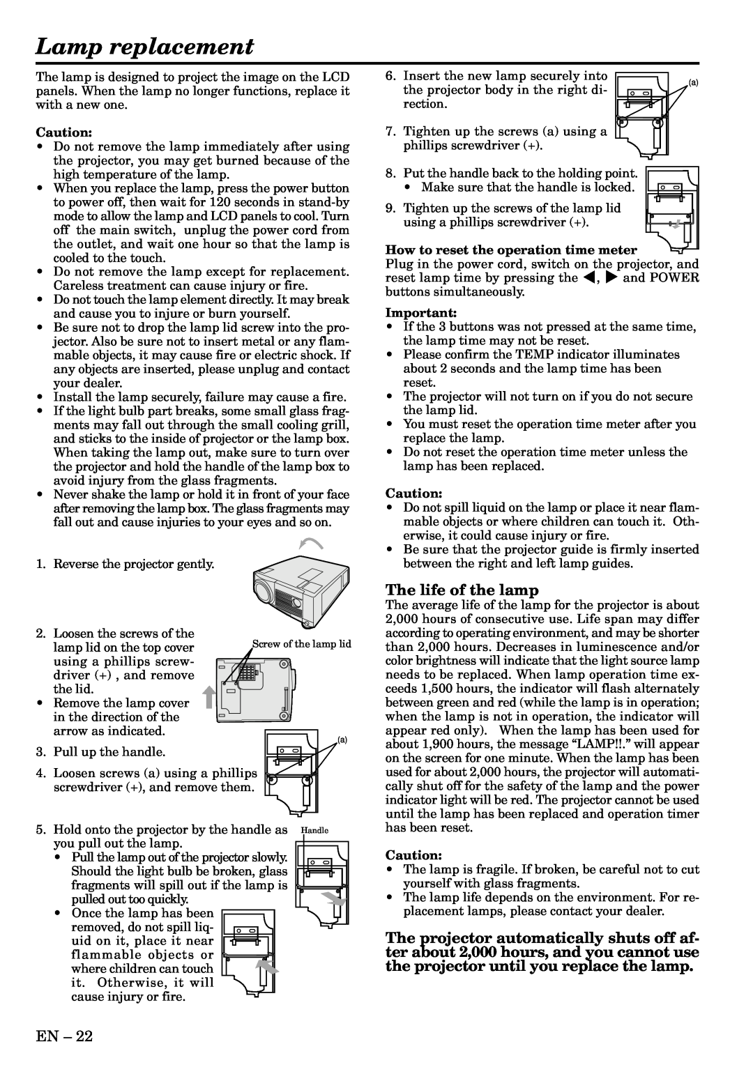 Mitsubishi Electronics S290U user manual Lamp replacement, The life of the lamp 