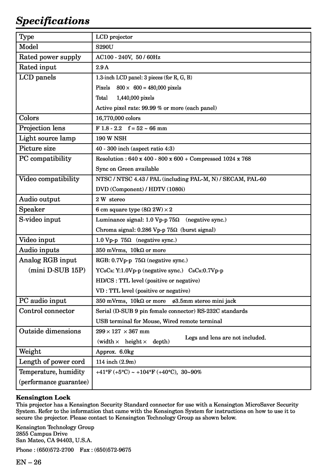 Mitsubishi Electronics S290U user manual Specifications, Kensington Lock 