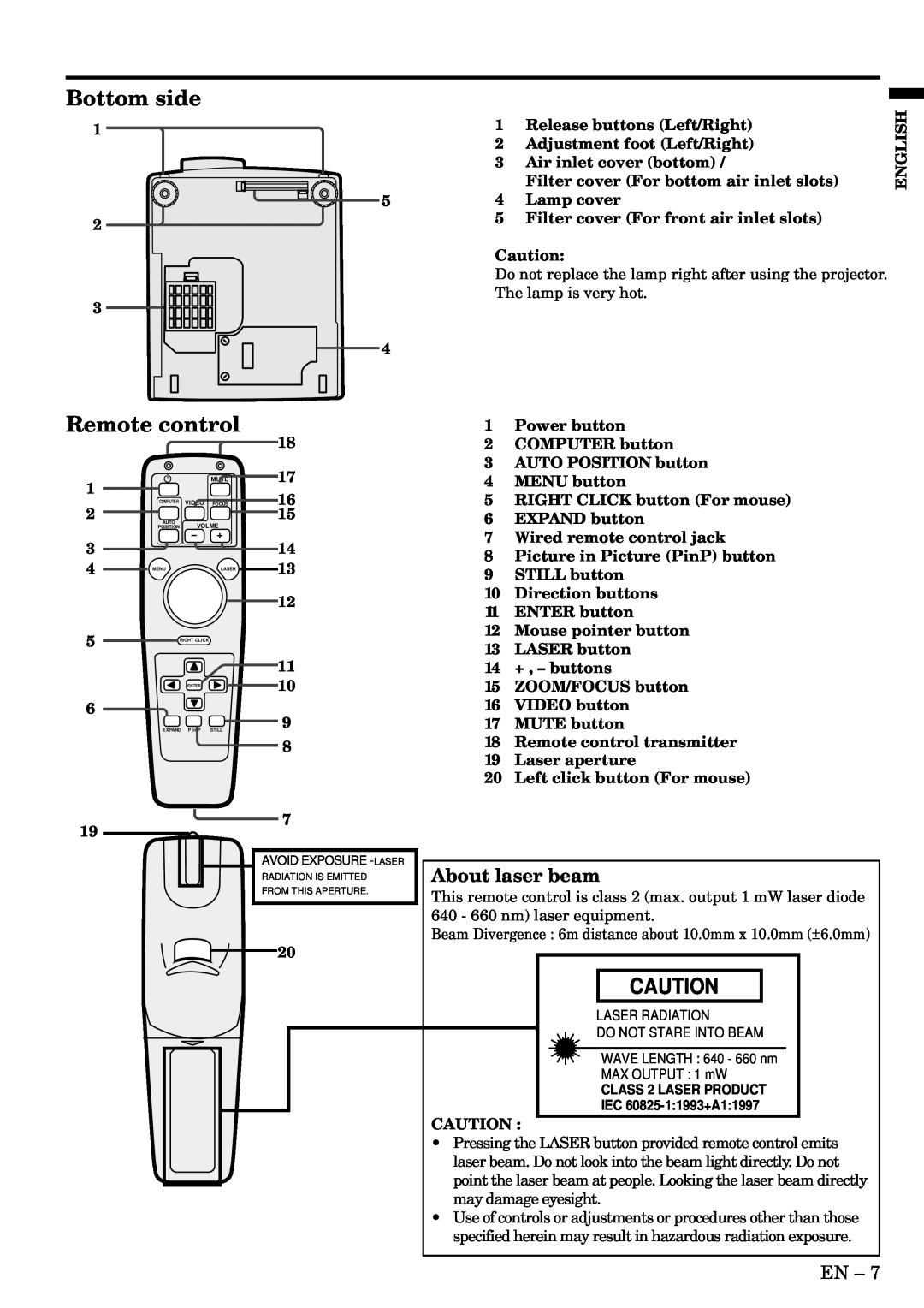 Mitsubishi Electronics S290U user manual Bottom side, Remote control, About laser beam 
