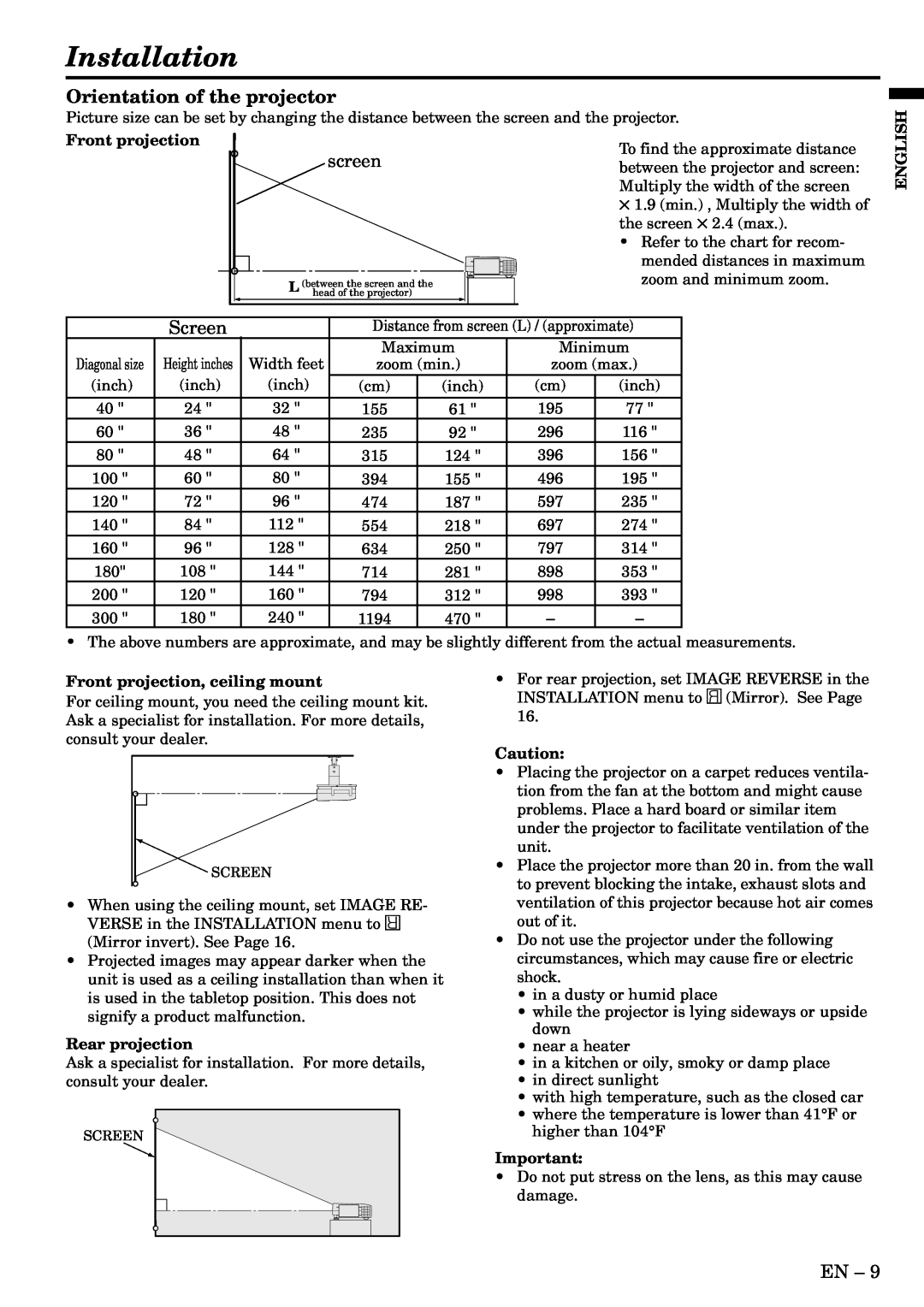 Mitsubishi Electronics S290U user manual Installation, Orientation of the projector 