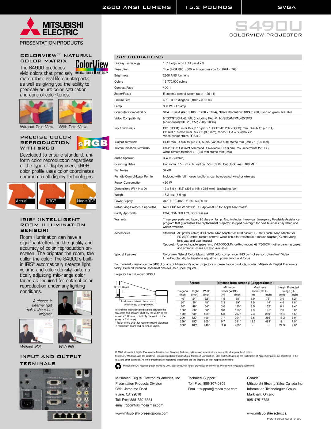 Mitsubishi Electronics S490U warranty Colorview Natural Color Matrix, Precise Color Reproduction, Colorview Projectori 