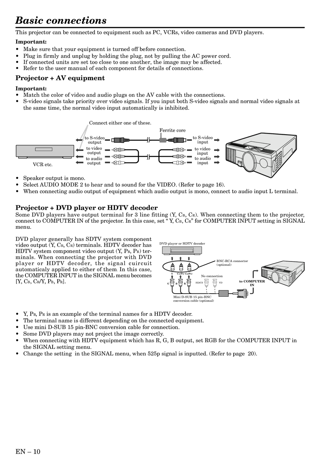 Mitsubishi Electronics S50 user manual Basic connections, Projector + AV equipment, Projector + DVD player or Hdtv decoder 