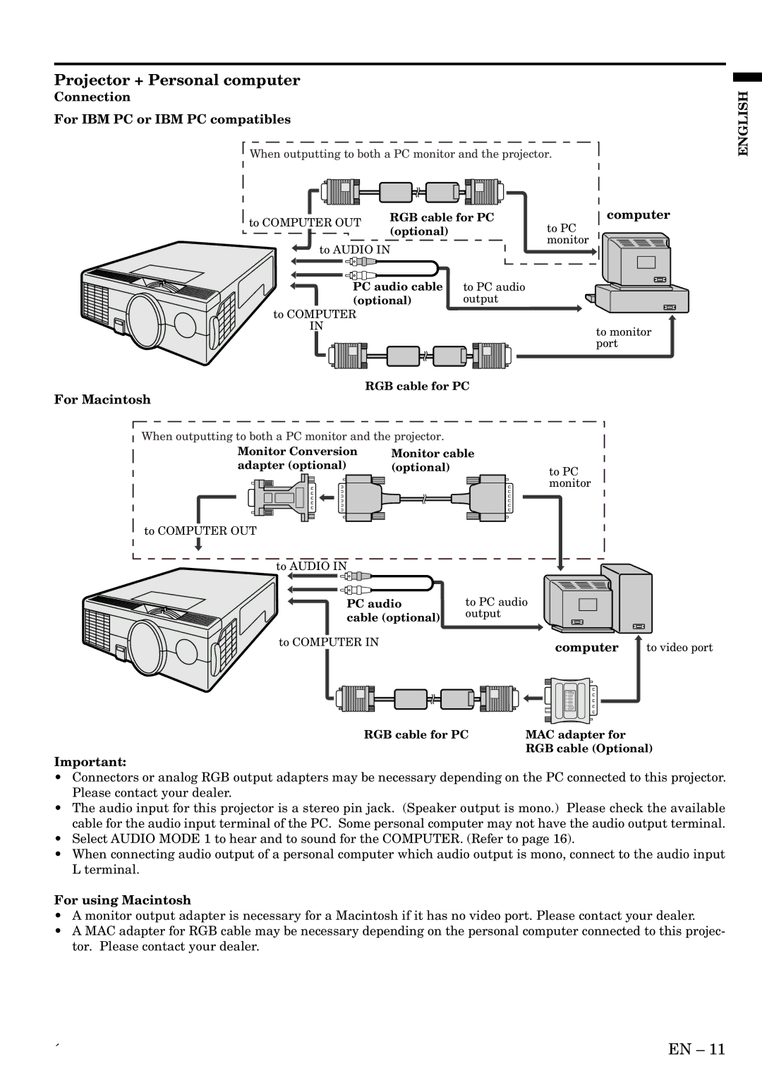 Mitsubishi Electronics S50 user manual Projector + Personal computer, Connection For IBM PC or IBM PC compatibles, Computer 