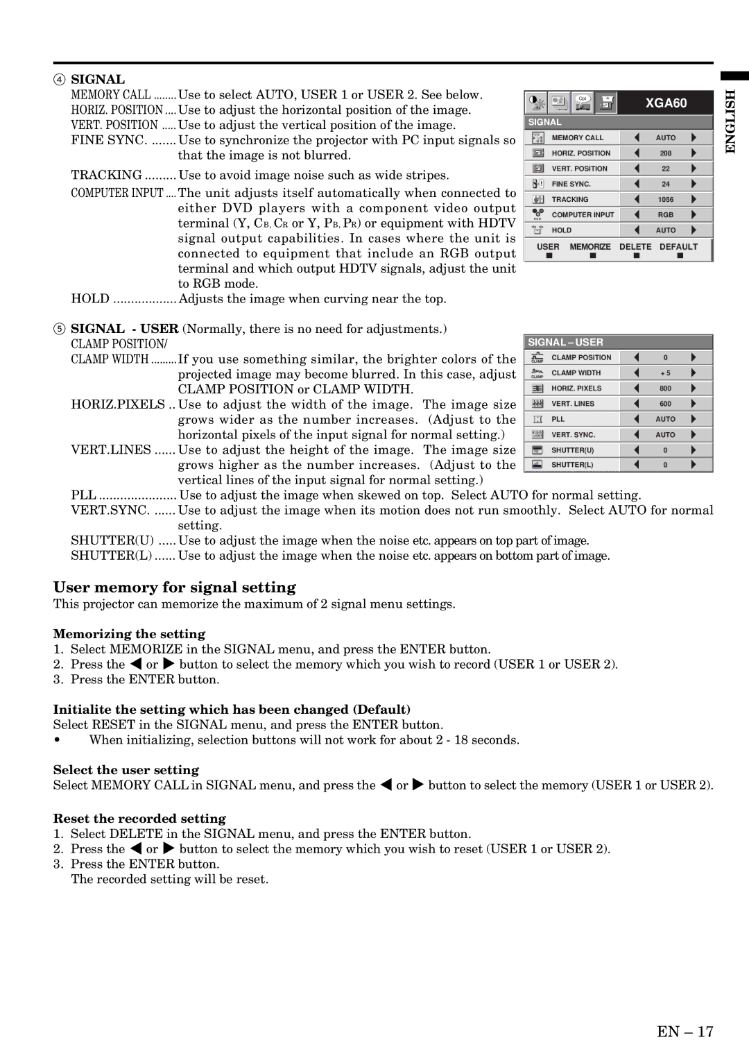 Mitsubishi Electronics S50 user manual User memory for signal setting 