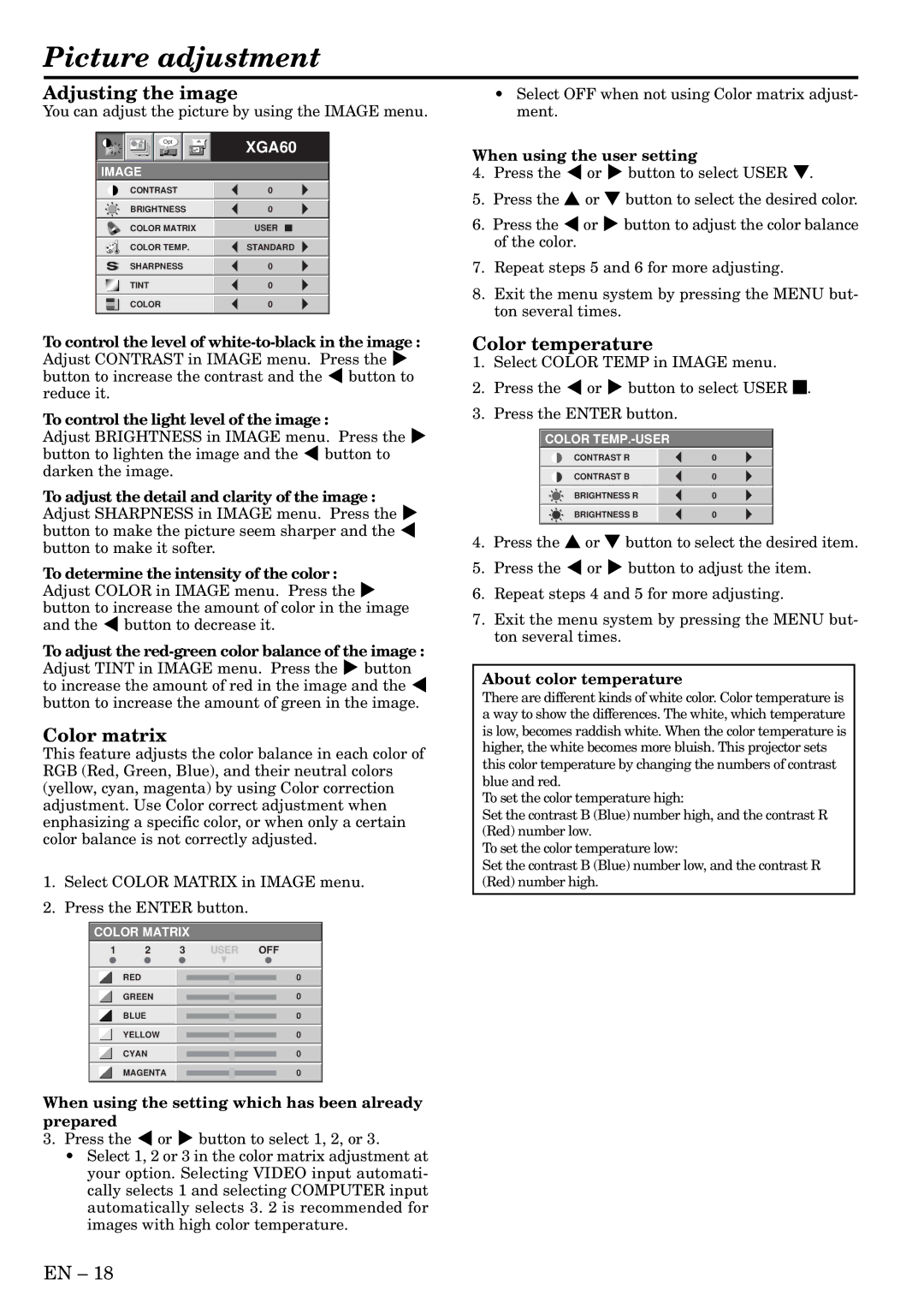 Mitsubishi Electronics S50 user manual Picture adjustment, Adjusting the image, Color matrix, Color temperature 