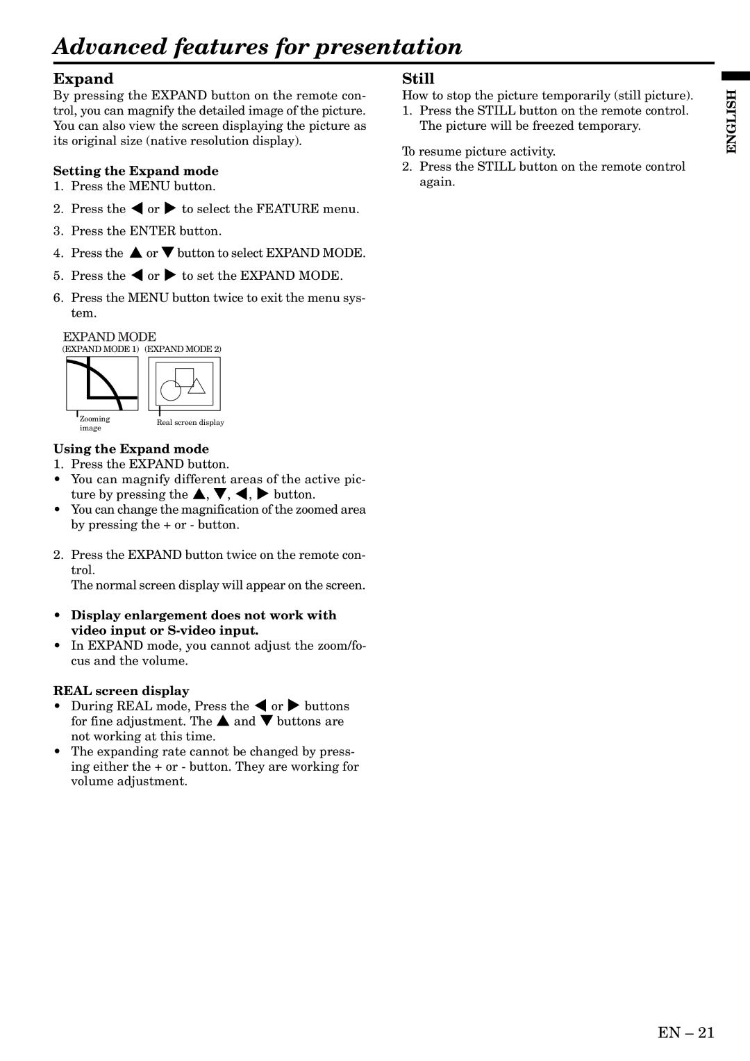 Mitsubishi Electronics S50 user manual Advanced features for presentation, Expand, Still 