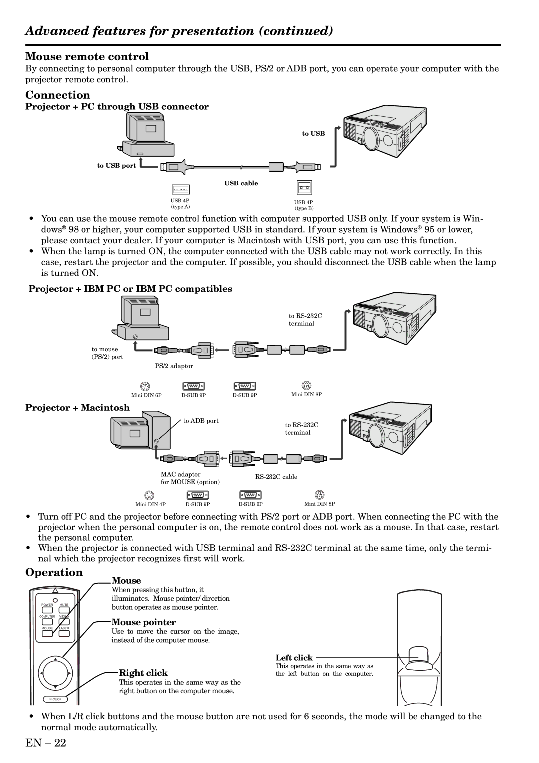 Mitsubishi Electronics S50 user manual Advanced features for presentation, Mouse remote control, Connection, Operation 