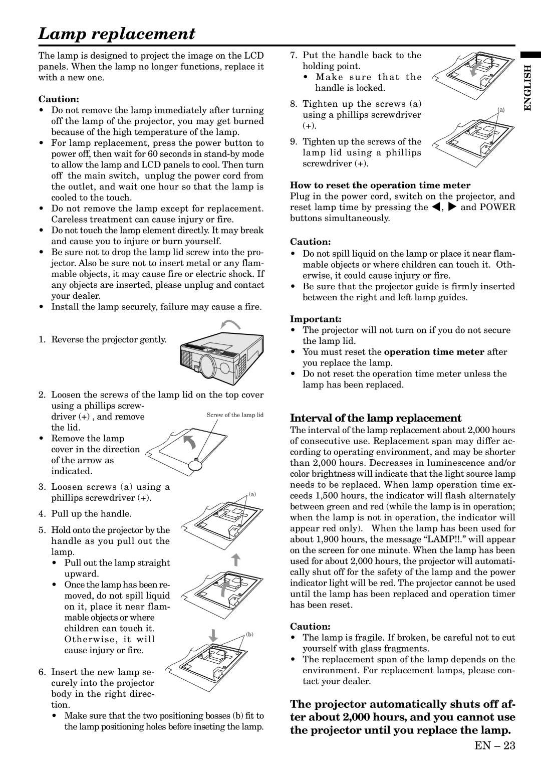 Mitsubishi Electronics S50 Lamp replacement, Interval of the lamp replacement, How to reset the operation time meter 