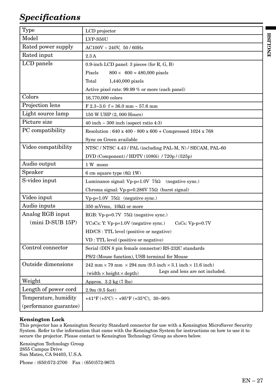 Mitsubishi Electronics S50 user manual Specifications, LCD panels 