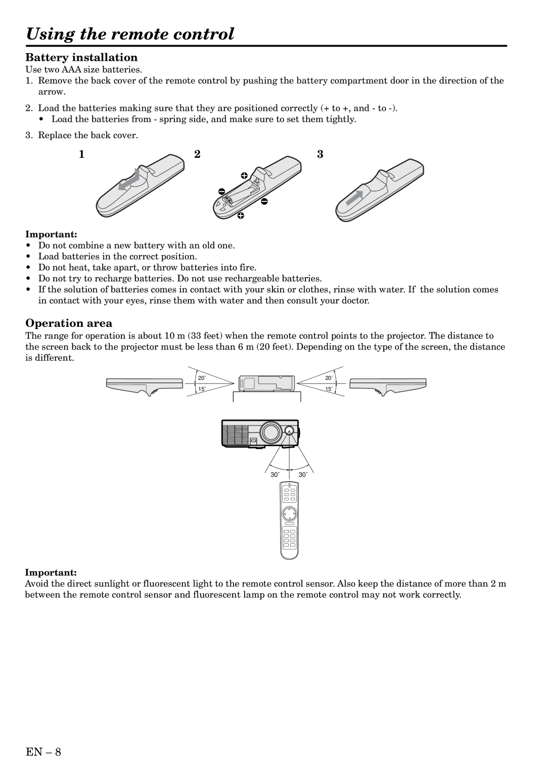 Mitsubishi Electronics S50 user manual Using the remote control, Battery installation, Operation area 