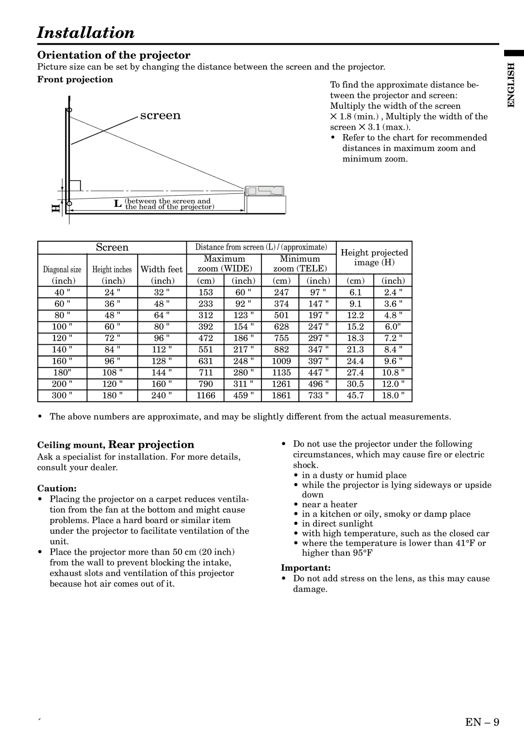 Mitsubishi Electronics S50 Installation, Orientation of the projector, Front projection, Ceiling mount, Rear projection 