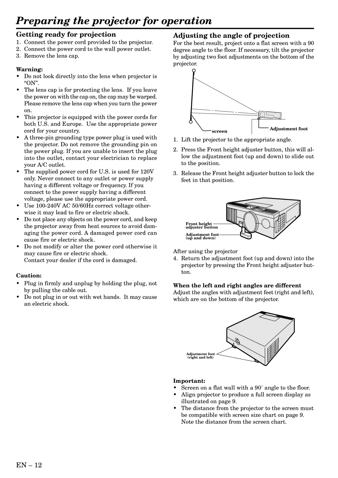Mitsubishi Electronics SA51 user manual Preparing the projector for operation, Getting ready for projection 