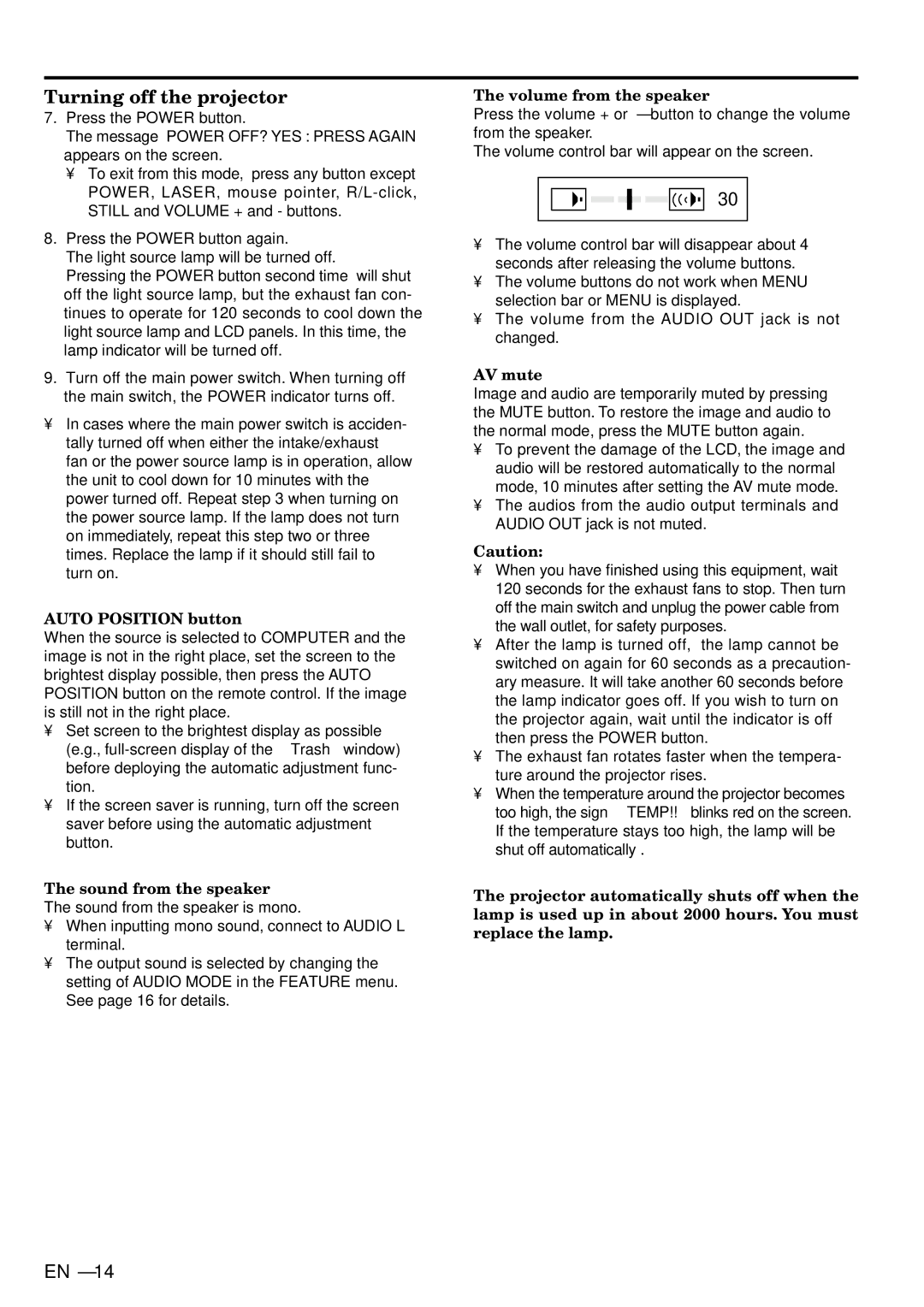 Mitsubishi Electronics SA51 user manual Turning off the projector, Sound from the speaker, Volume from the speaker, AV mute 