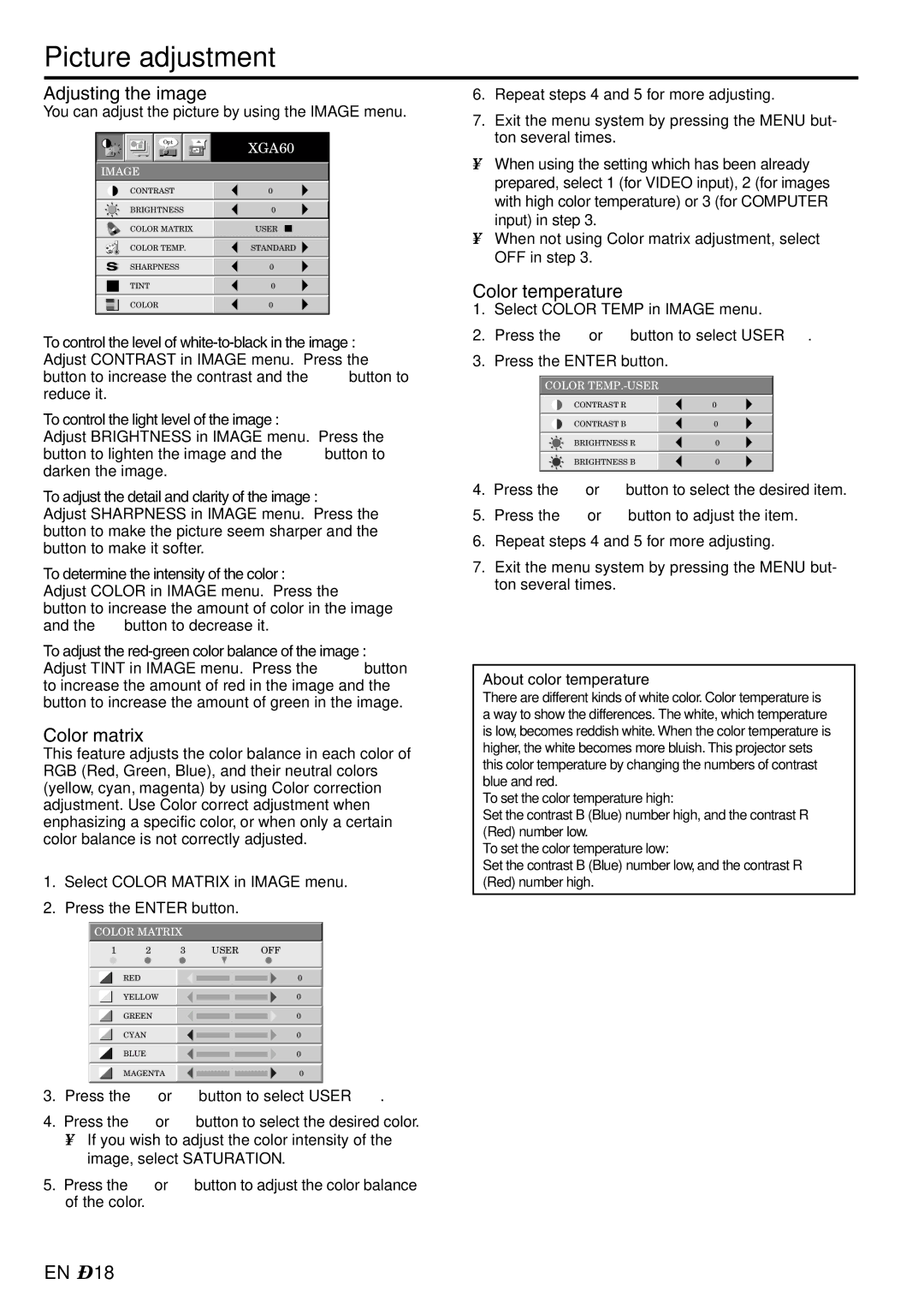 Mitsubishi Electronics SA51 user manual Picture adjustment, Adjusting the image, Color matrix, Color temperature 