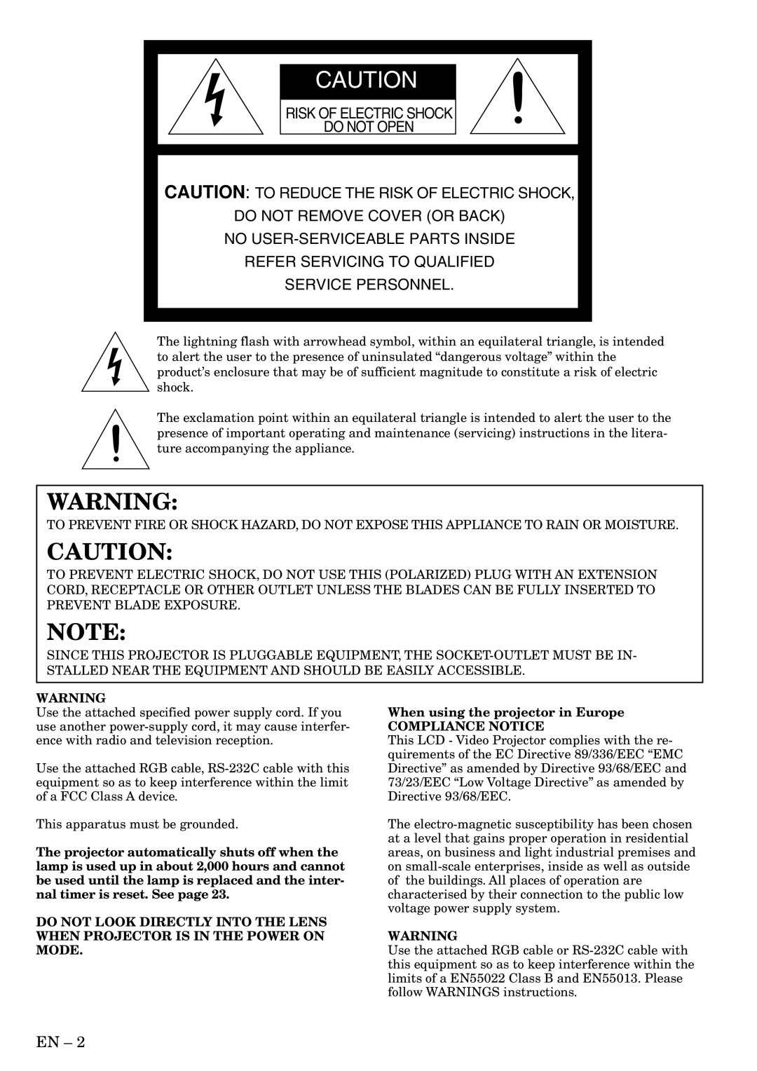 Mitsubishi Electronics SA51 user manual When using the projector in Europe, Compliance Notice 