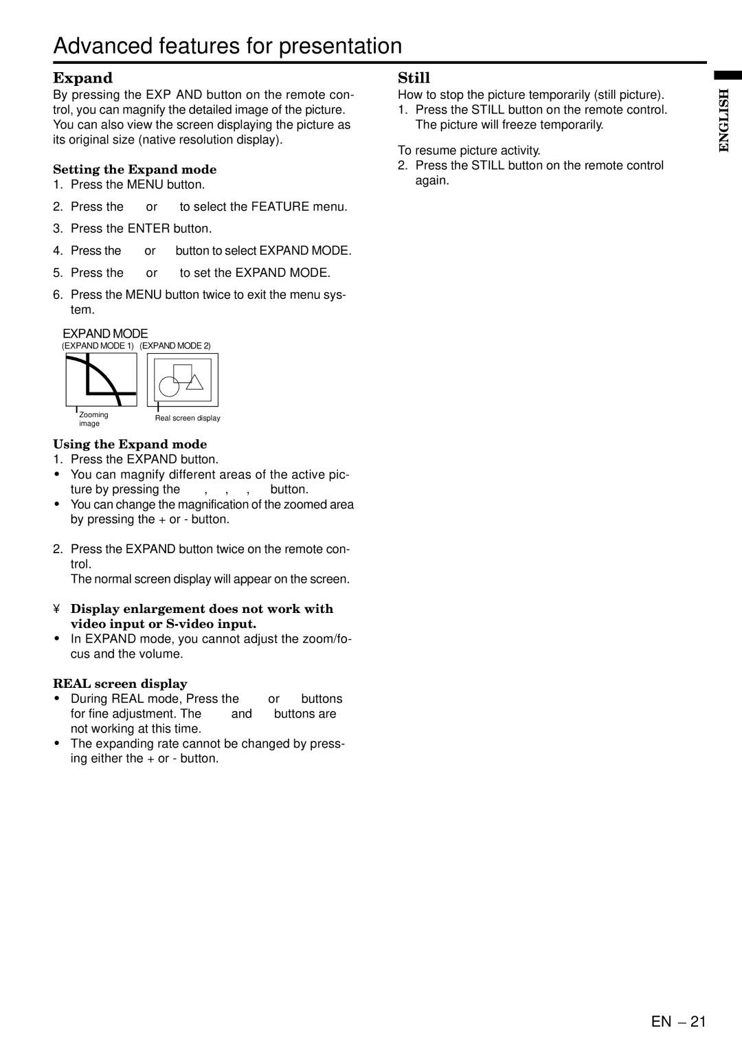 Mitsubishi Electronics SA51 user manual Advanced features for presentation, Expand, Still 