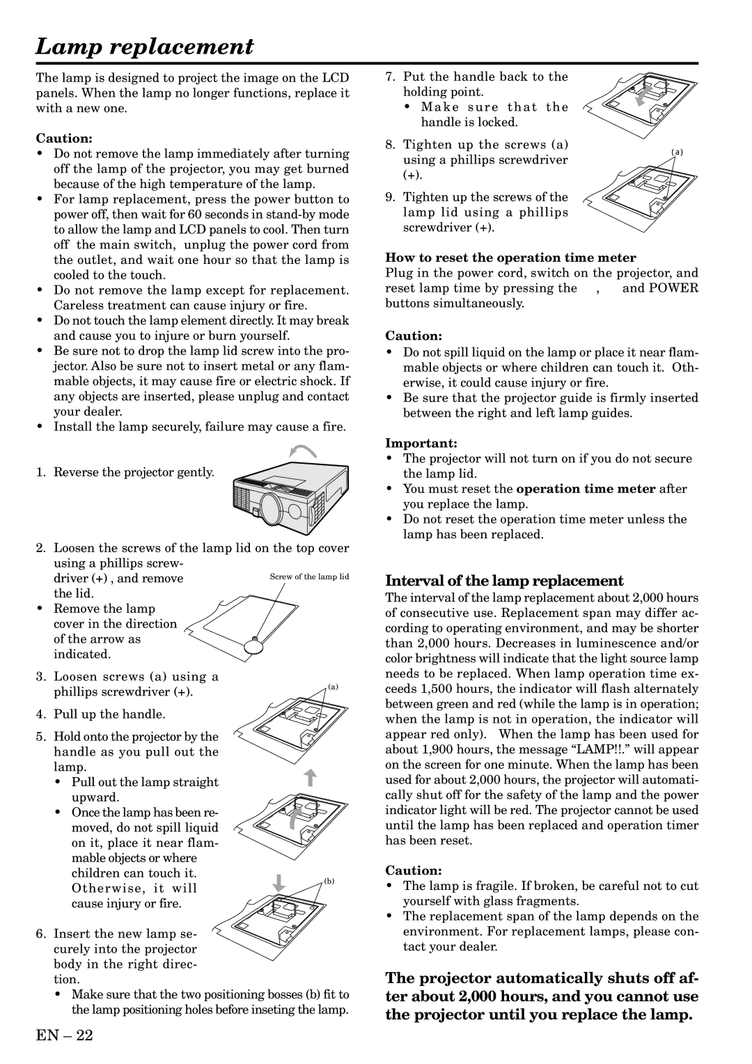 Mitsubishi Electronics SA51 Lamp replacement, Interval of the lamp replacement, How to reset the operation time meter 