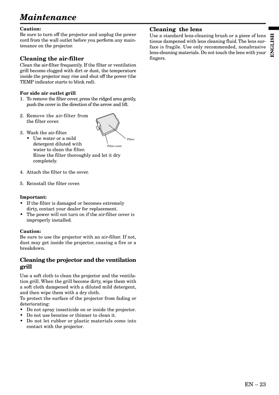 Mitsubishi Electronics SA51 user manual Maintenance, Cleaning the air-filter, Cleaning the lens, For side air outlet grill 