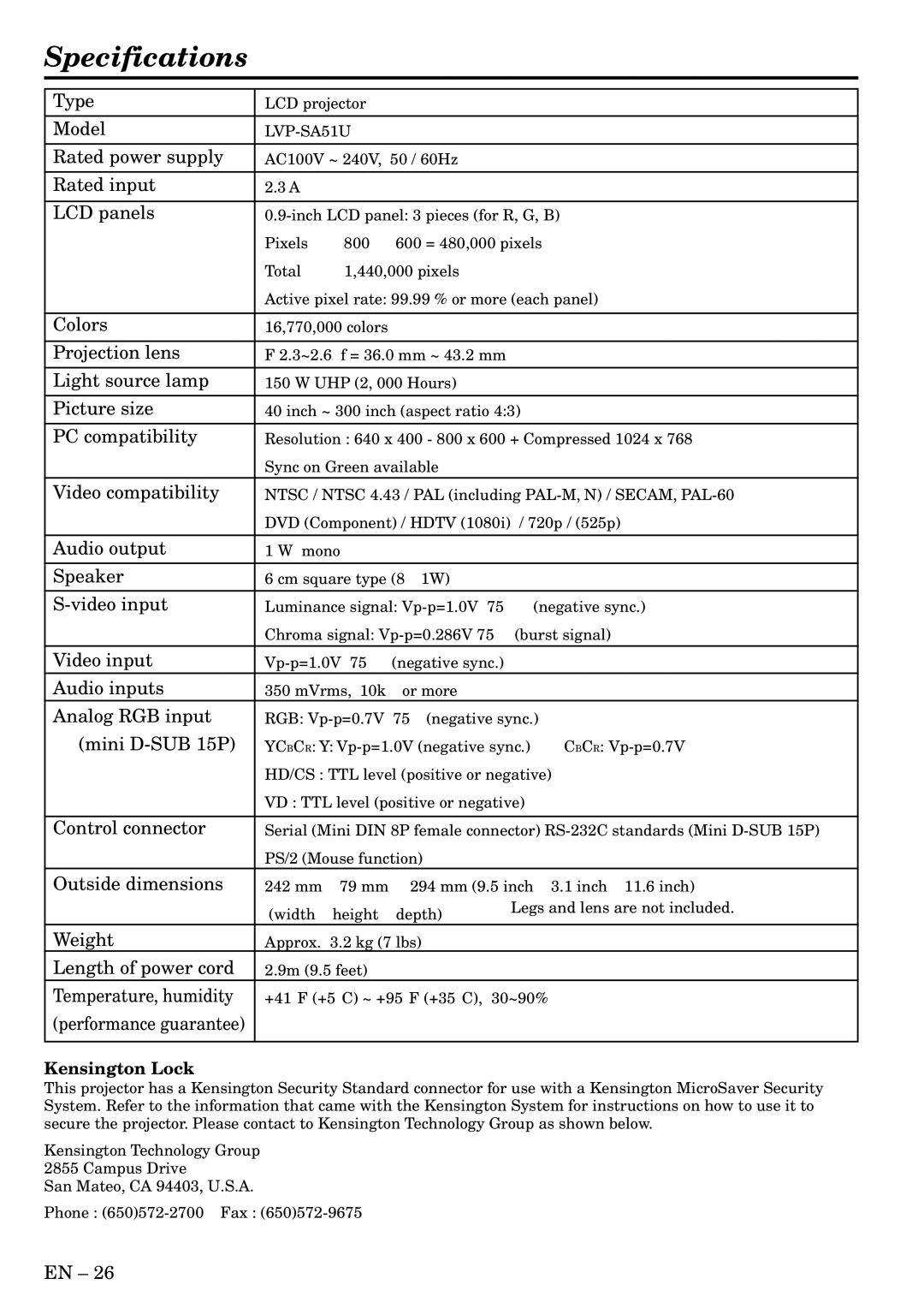 Mitsubishi Electronics SA51 user manual Specifications, Rated input LCD panels 