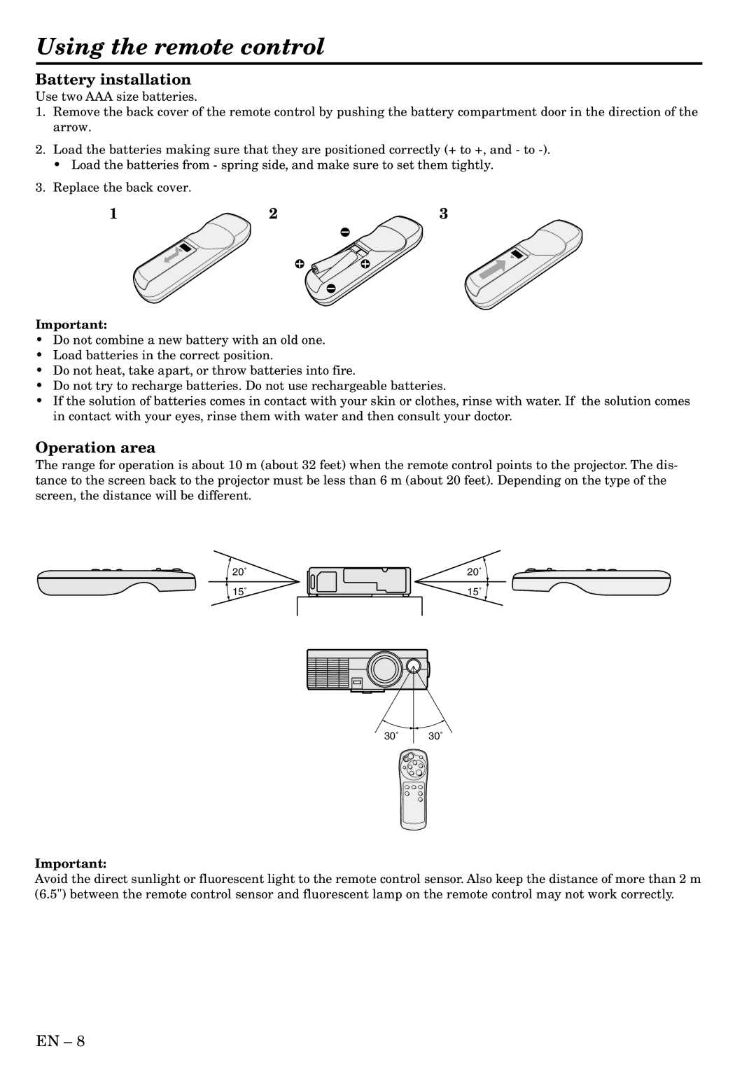 Mitsubishi Electronics SA51 user manual Using the remote control, Battery installation, Operation area 