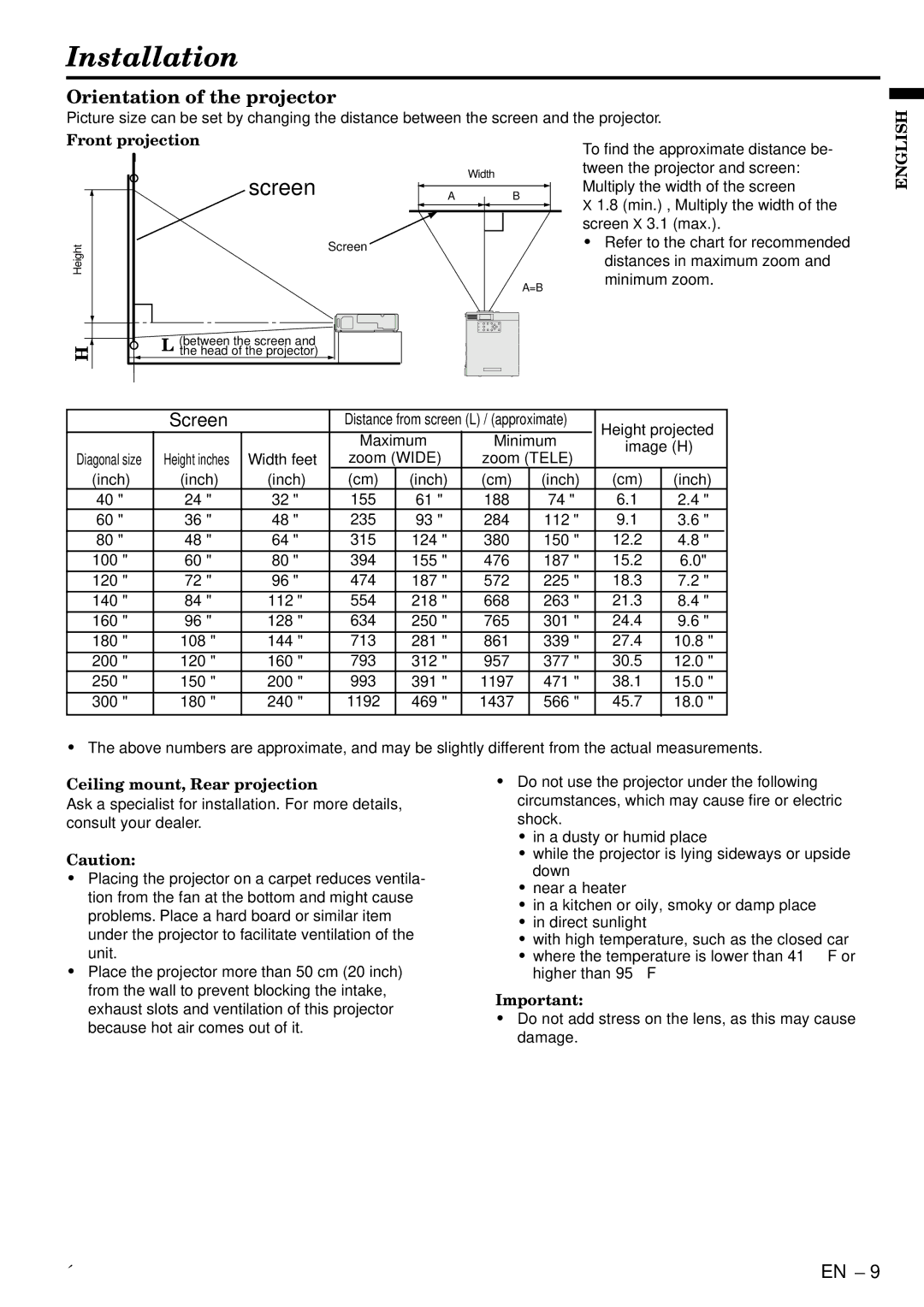 Mitsubishi Electronics SA51 Installation, Orientation of the projector, Front projection, Ceiling mount, Rear projection 