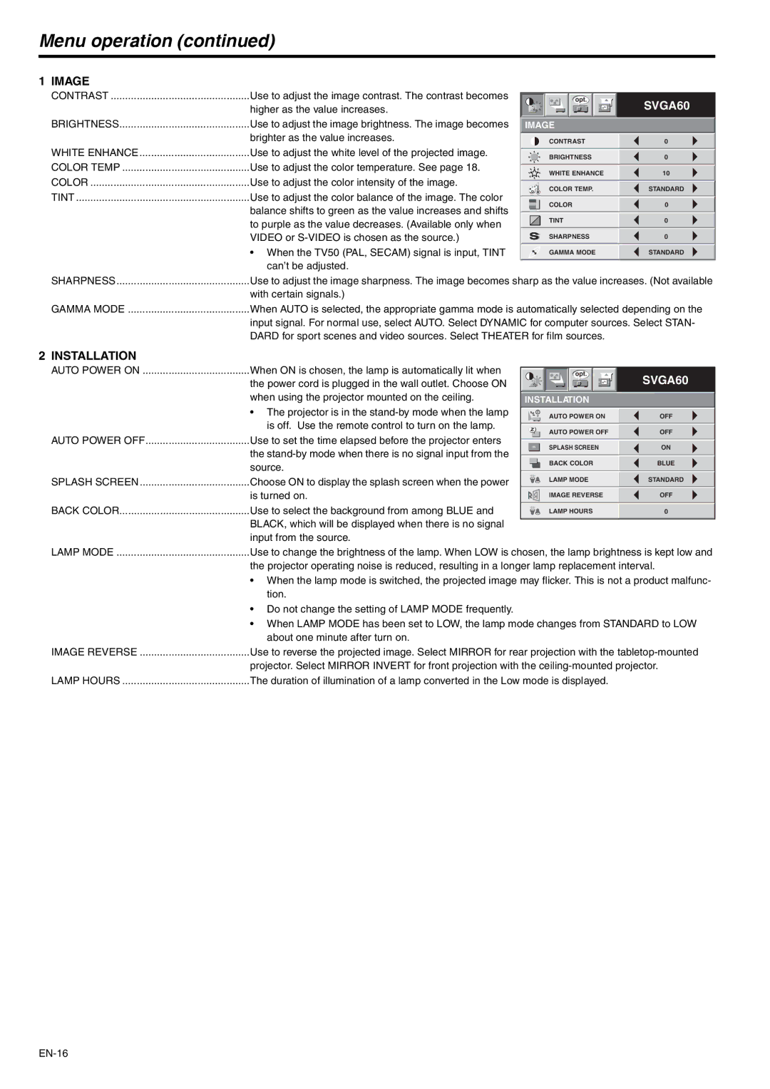 Mitsubishi Electronics SD105U user manual Menu operation 