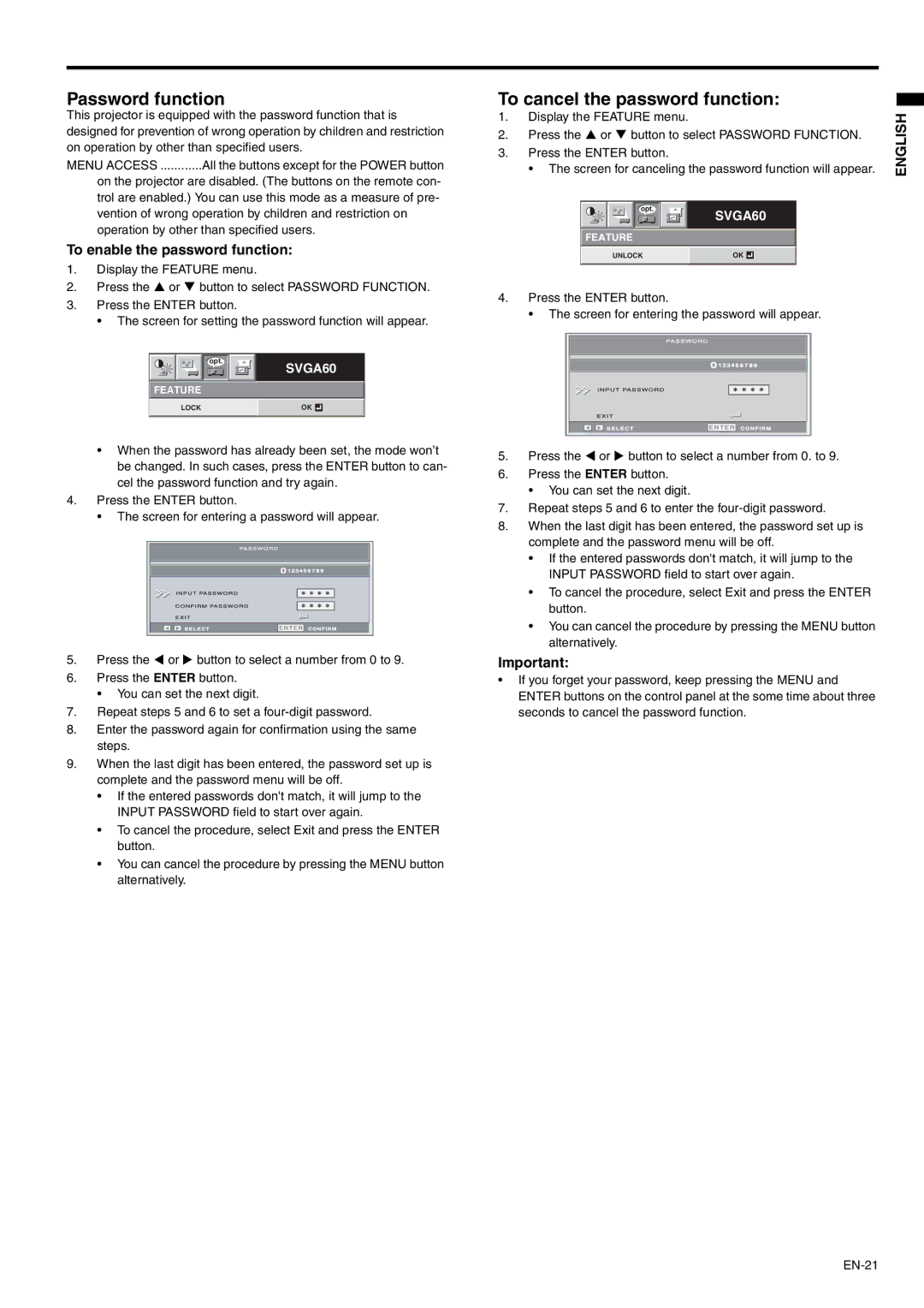 Mitsubishi Electronics SD105U Password function, To cancel the password function, To enable the password function 