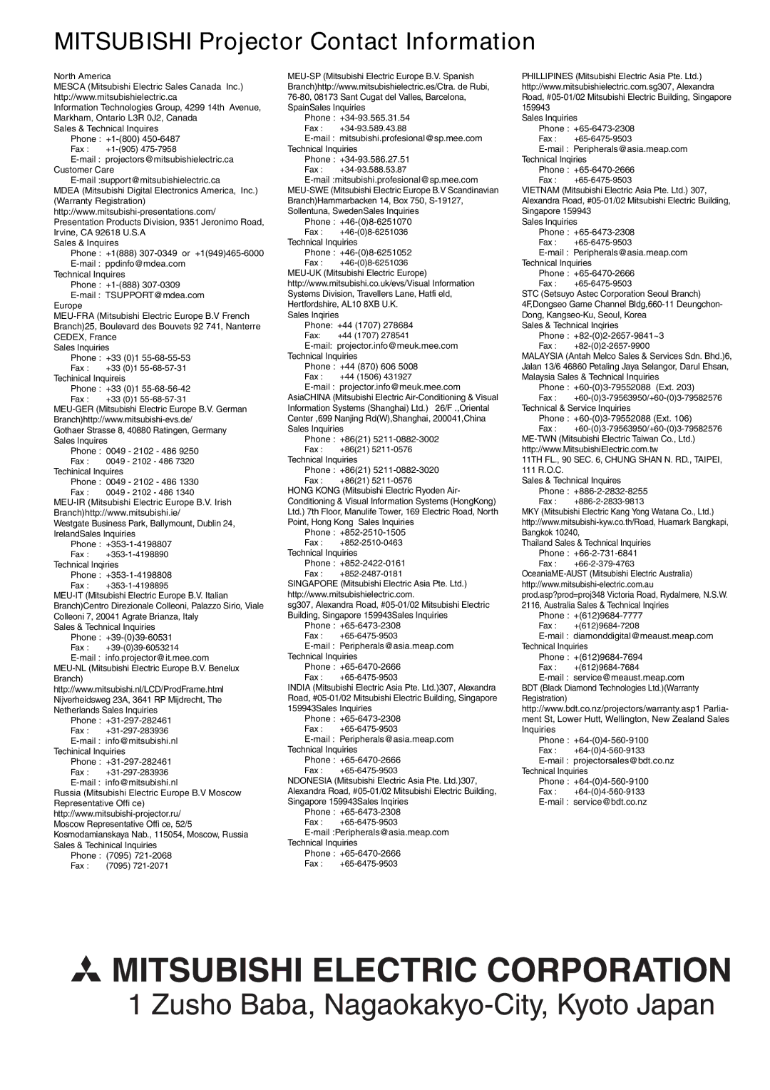 Mitsubishi Electronics SD105U user manual Mitsubishi Projector Contact Information 