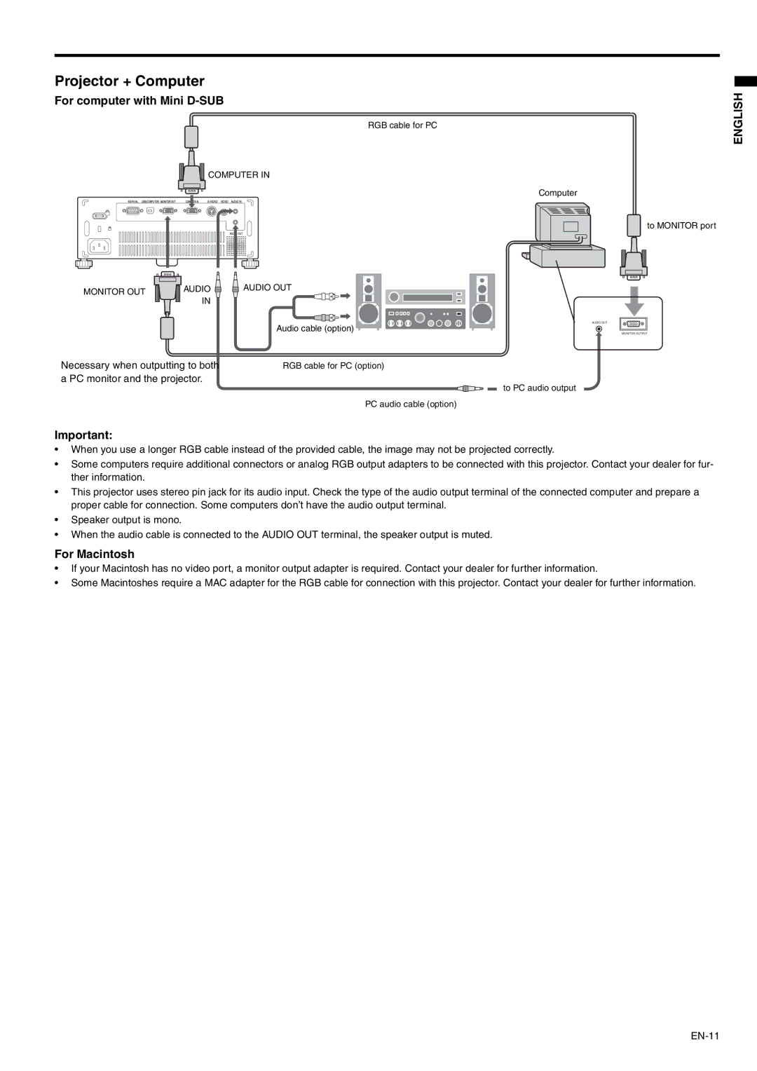 Mitsubishi Electronics SD105U user manual Projector + Computer, For computer with Mini D-SUB, For Macintosh 