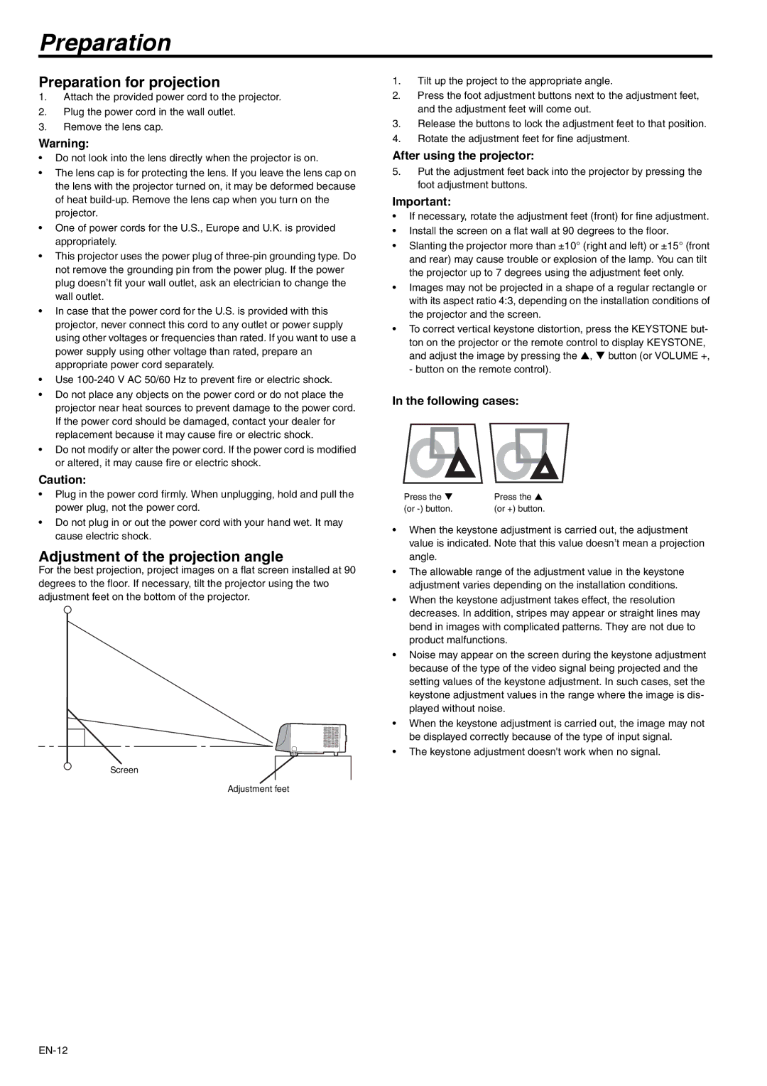 Mitsubishi Electronics SD105U Preparation for projection, Adjustment of the projection angle, Following cases 