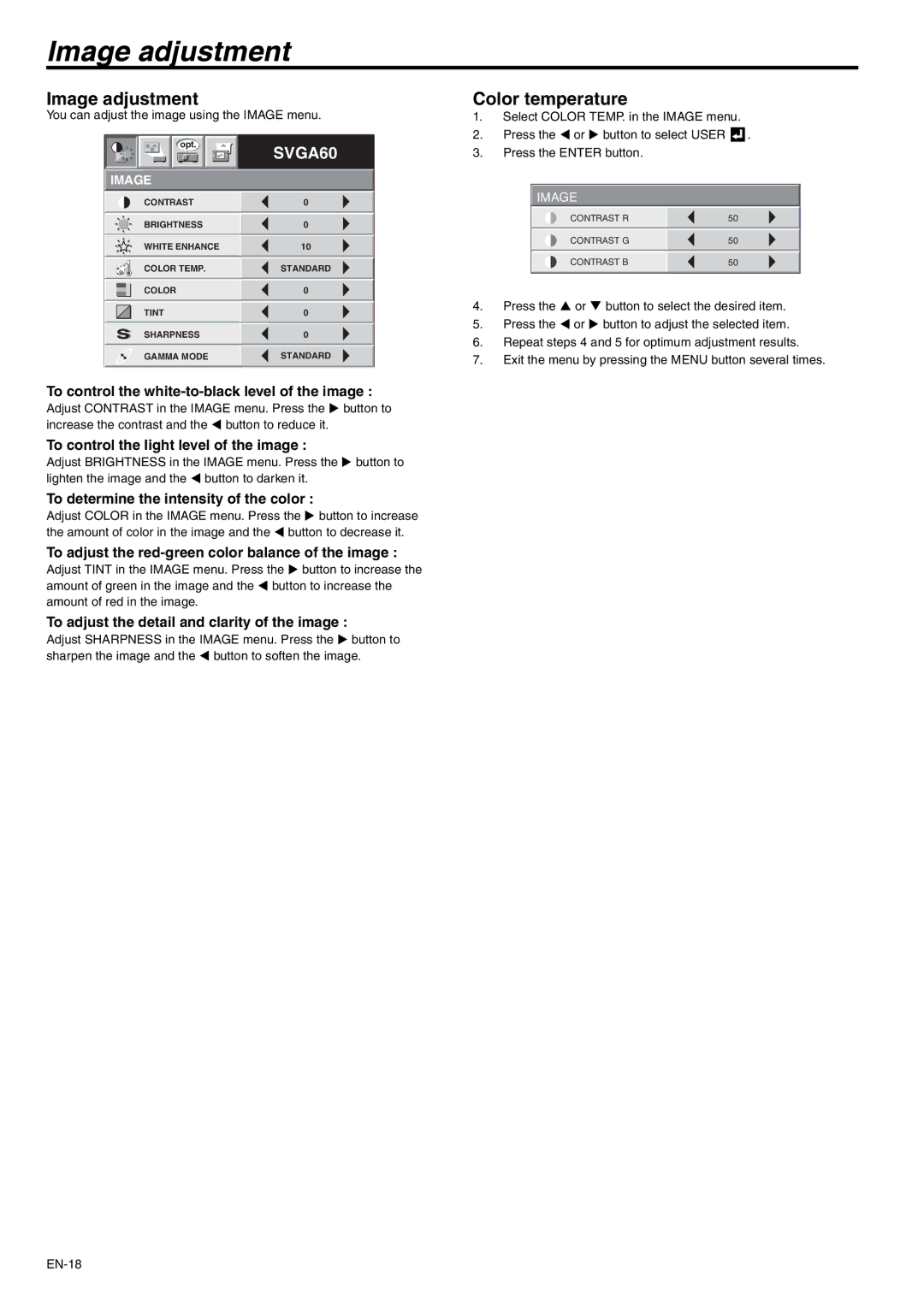 Mitsubishi Electronics SD105U user manual Image adjustment, Color temperature 