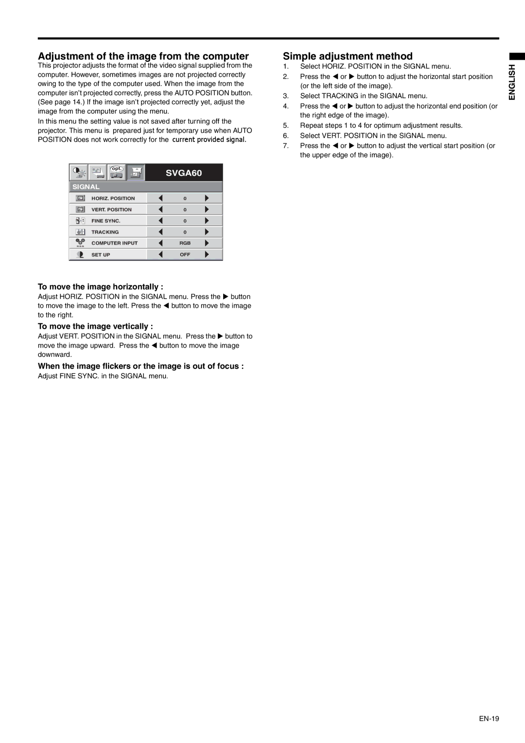 Mitsubishi Electronics SD105U user manual Adjustment of the image from the computer, Simple adjustment method 