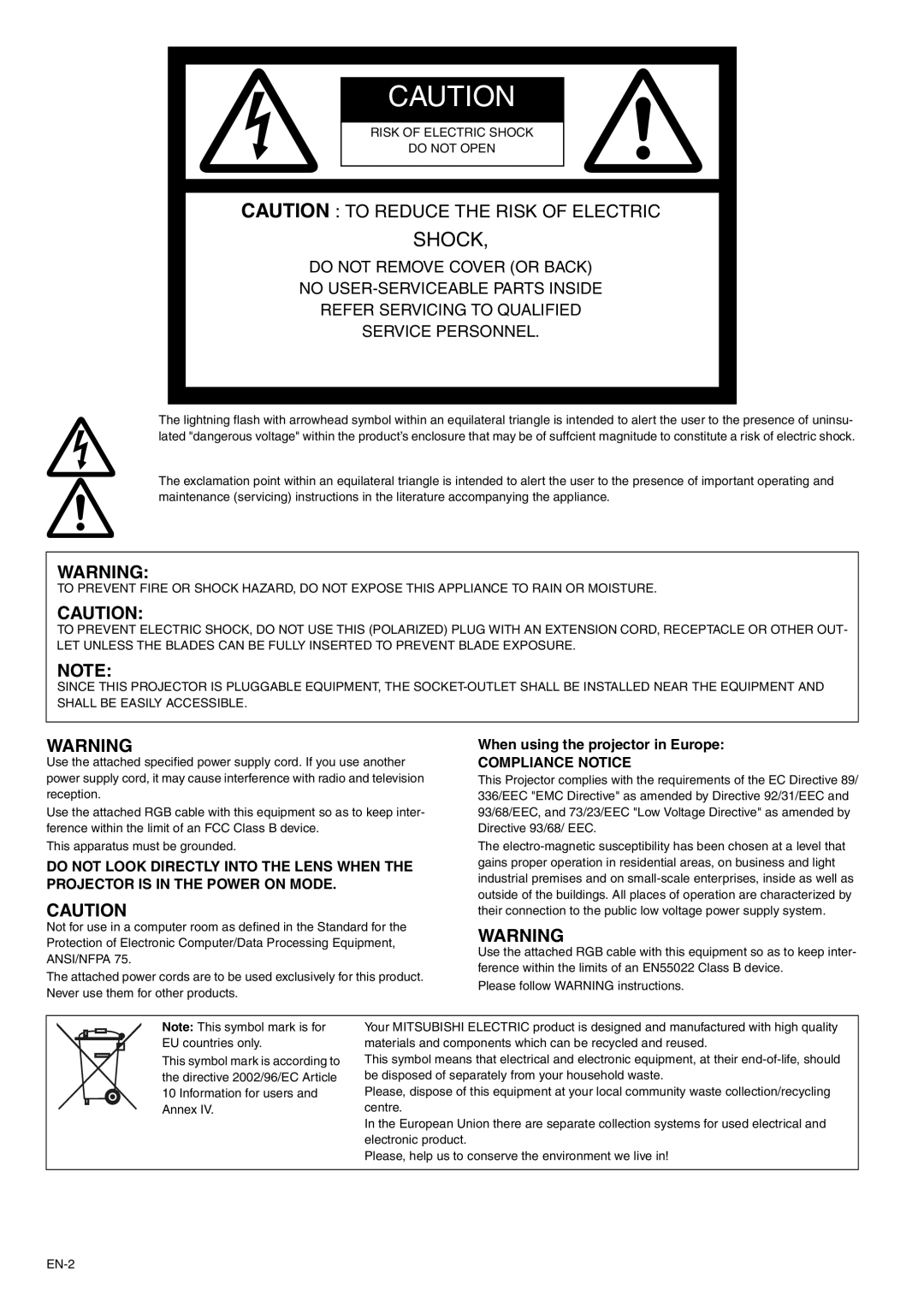 Mitsubishi Electronics SD105U user manual Shock, When using the projector in Europe 