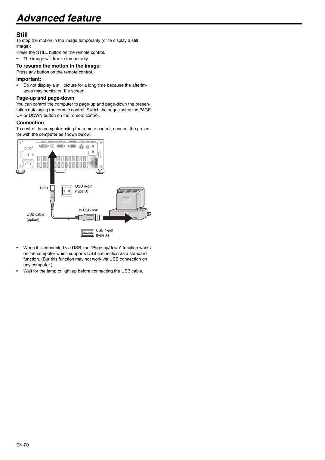 Mitsubishi Electronics SD105U user manual Advanced feature, Still, To resume the motion in the image, Page-up and page-down 