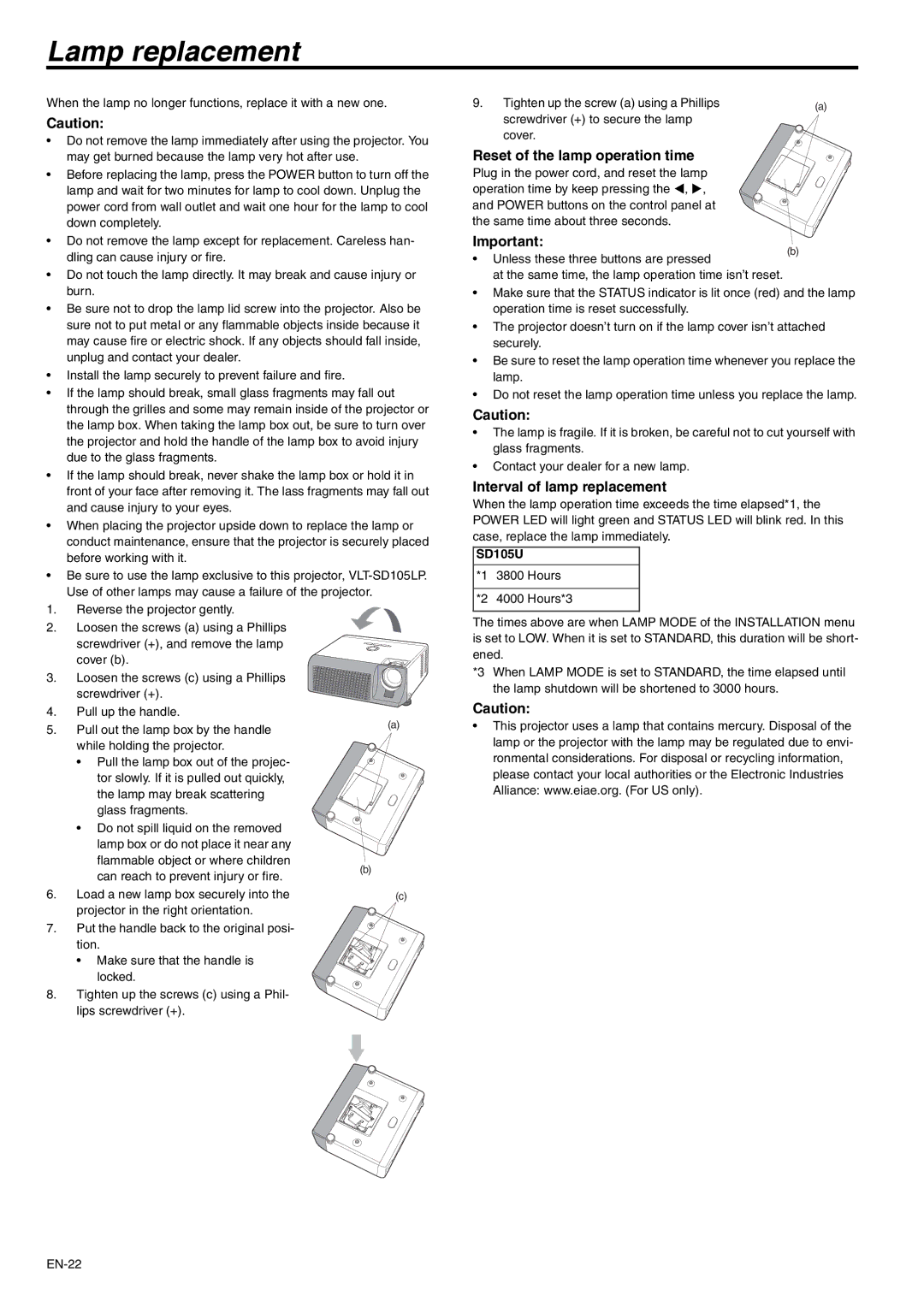 Mitsubishi Electronics SD105U user manual Lamp replacement, Reset of the lamp operation time, Interval of lamp replacement 