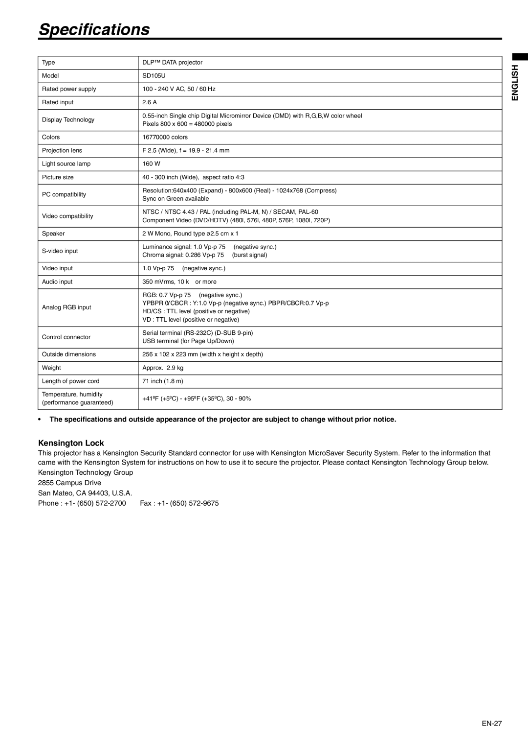 Mitsubishi Electronics SD105U user manual Specifications, Kensington Lock 