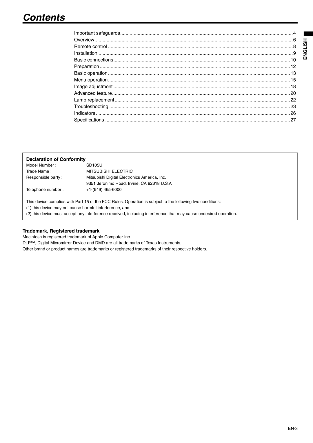 Mitsubishi Electronics SD105U user manual Contents 