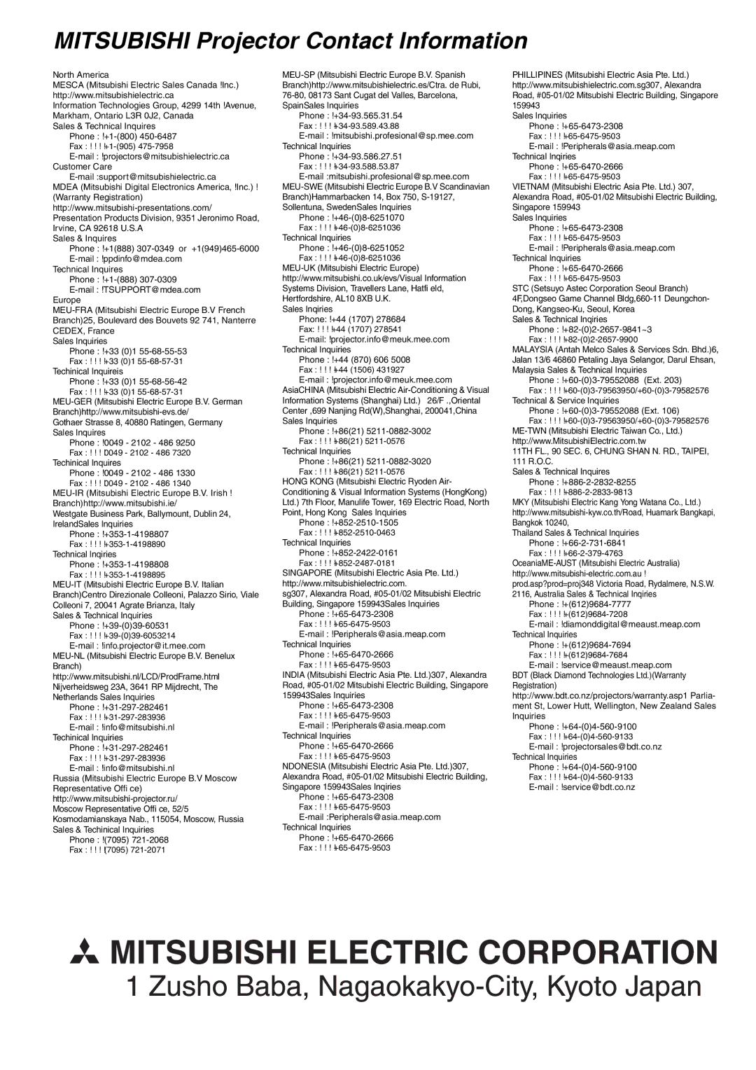 Mitsubishi Electronics SD105U user manual Mitsubishi Projector Contact Information 