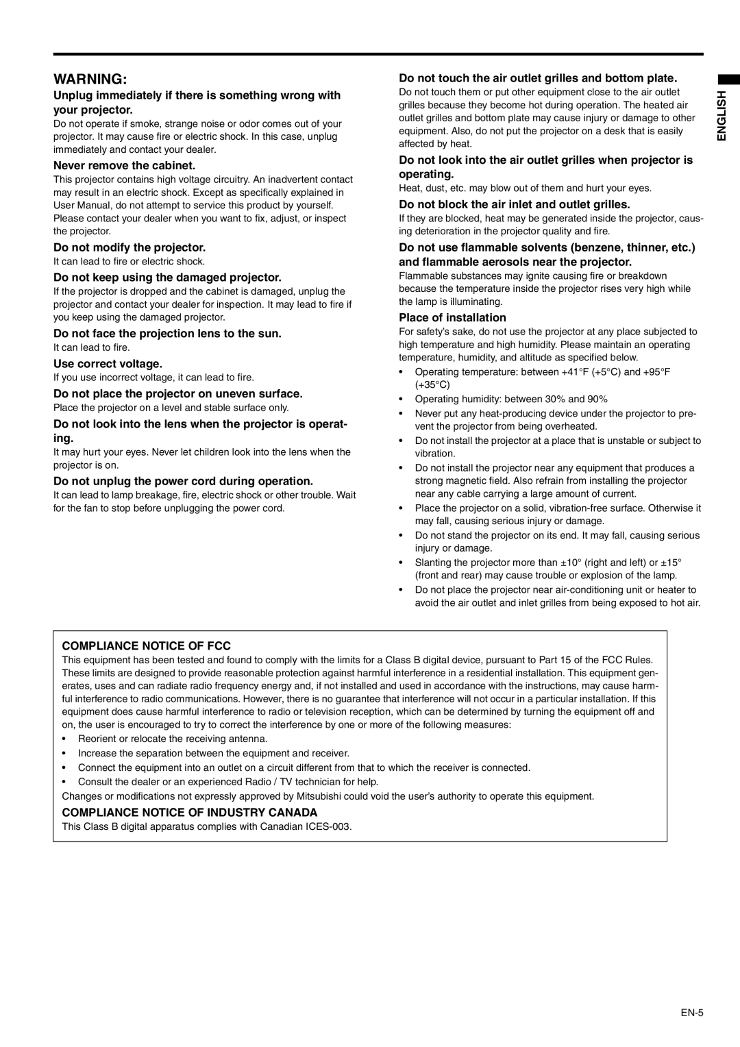 Mitsubishi Electronics SD105U user manual Never remove the cabinet Do not modify the projector, Use correct voltage 