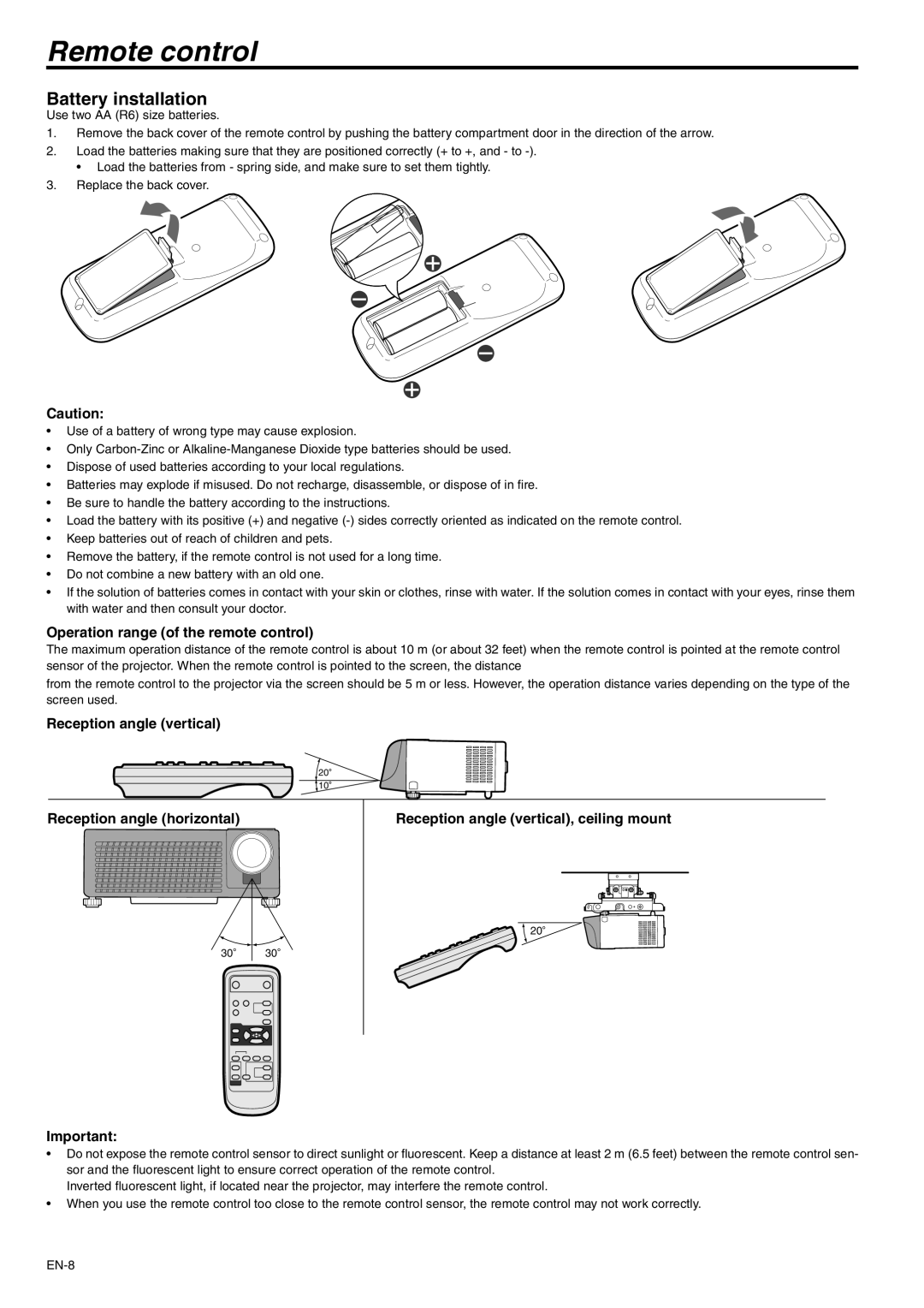 Mitsubishi Electronics SD105U user manual Remote control, Battery installation, Operation range of the remote control 